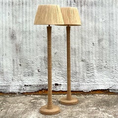 Early 21st Century Coastal Wrapped Rope Floor Lamps With Raffia Shades- a Pair