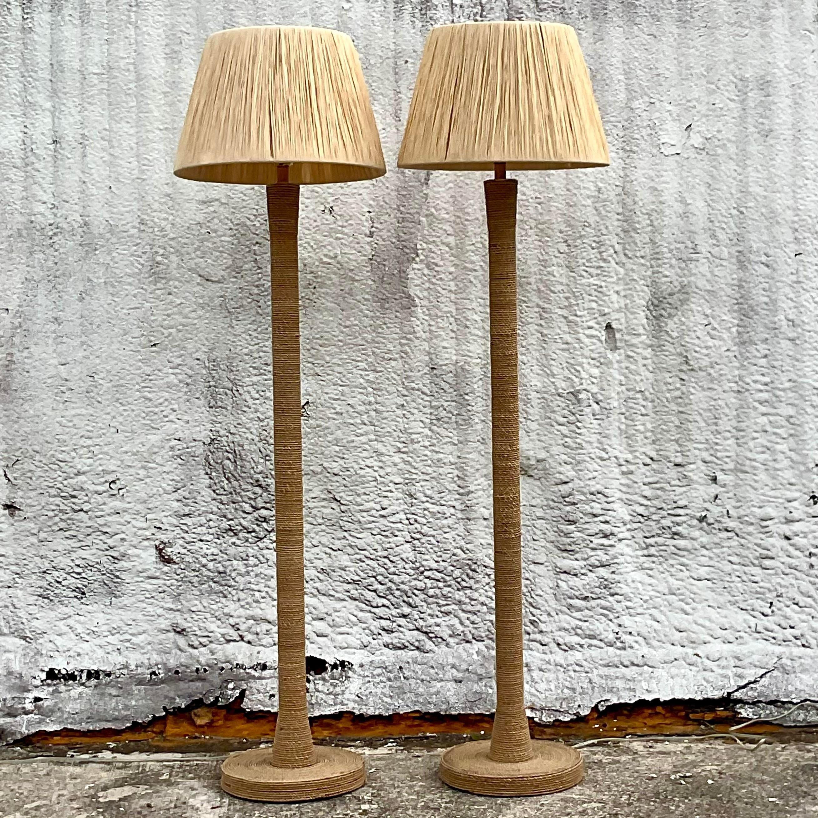 Early 21st Century Coastal Wrapped Rope Floor Lamps With Raffia Shades- a Pair In Good Condition In west palm beach, FL