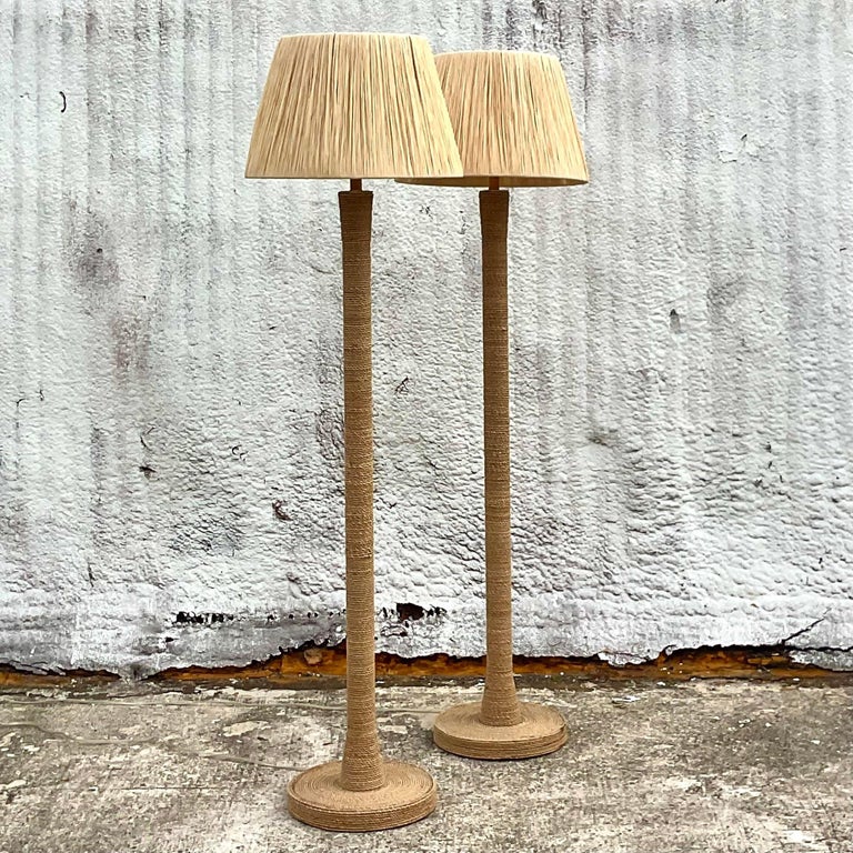 Early 21st Century Coastal Wrapped Rope Floor Lamps With Raffia Shades