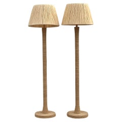 Early 21st Century Coastal Wrapped Rope Floor Lamps With Raffia Shades- a Pair