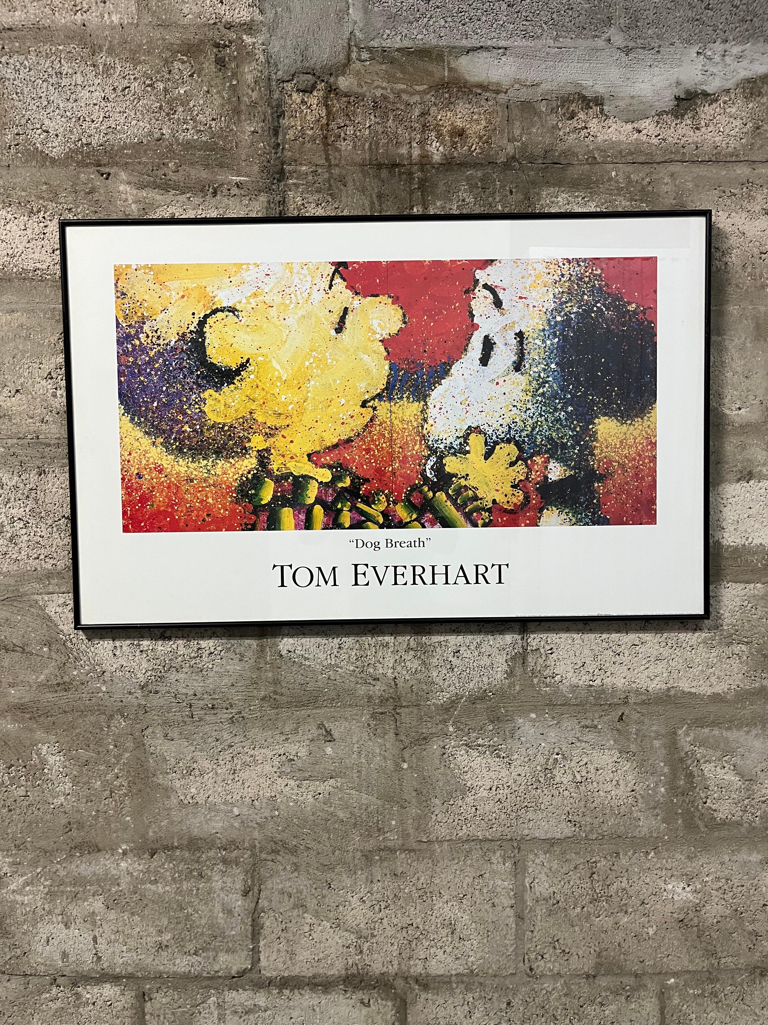 Early 21st Century Dog Breath by Tom Everhaet Custom Frame Poster published by the S 2 Art Group. Year 2002
Features a pixelated image of Charlie Brown and Snoopy staring at each other, custom framed with a black brushed aluminum frame and protected