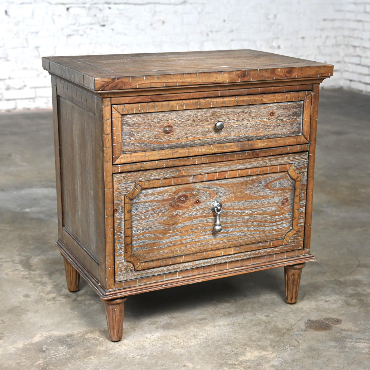 Handsome Early 21st Century Modern French Country Rustic mahogany nightstand, end table, or small cabinet with two drawers with metal hardware and USB Port and electrical outlets. Beautiful condition, keeping in mind that this is vintage and not new