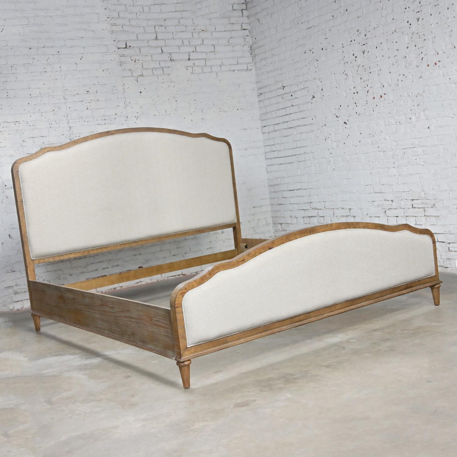 Early 21st Century French Country Rustic Mahogany & Upholstered King Size Bed In Good Condition In Topeka, KS