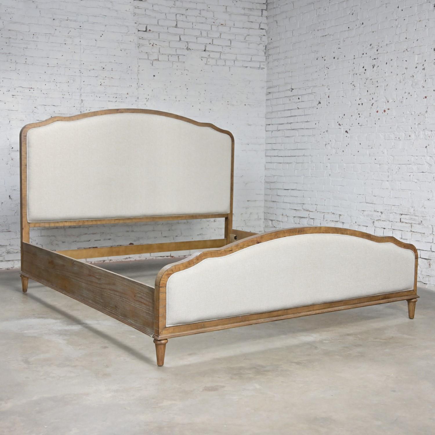 Fabric Early 21st Century French Country Rustic Mahogany & Upholstered King Size Bed For Sale