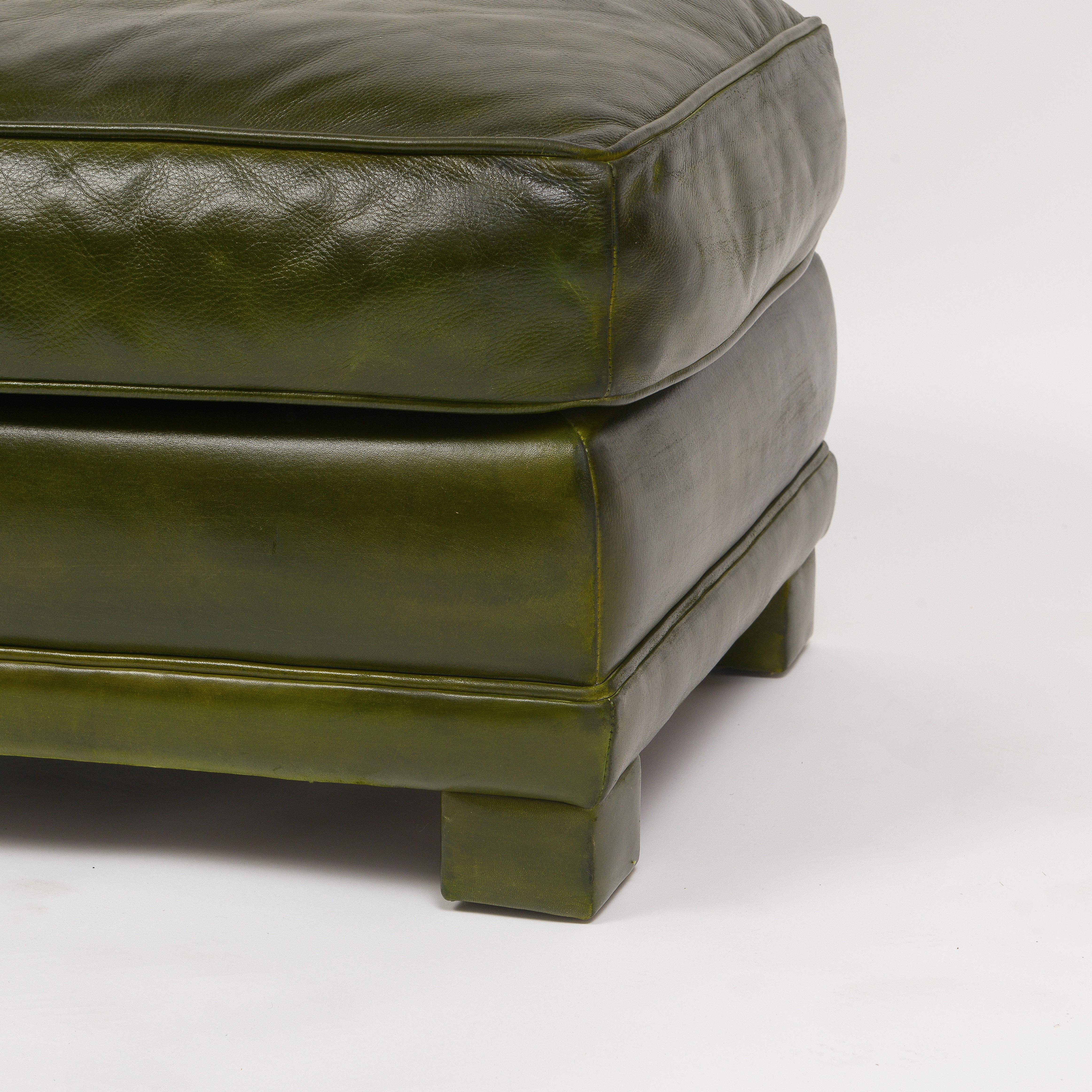 Early 21st Century Green Leather Club Chairs With Ottomans- 4 Pieces For Sale 5