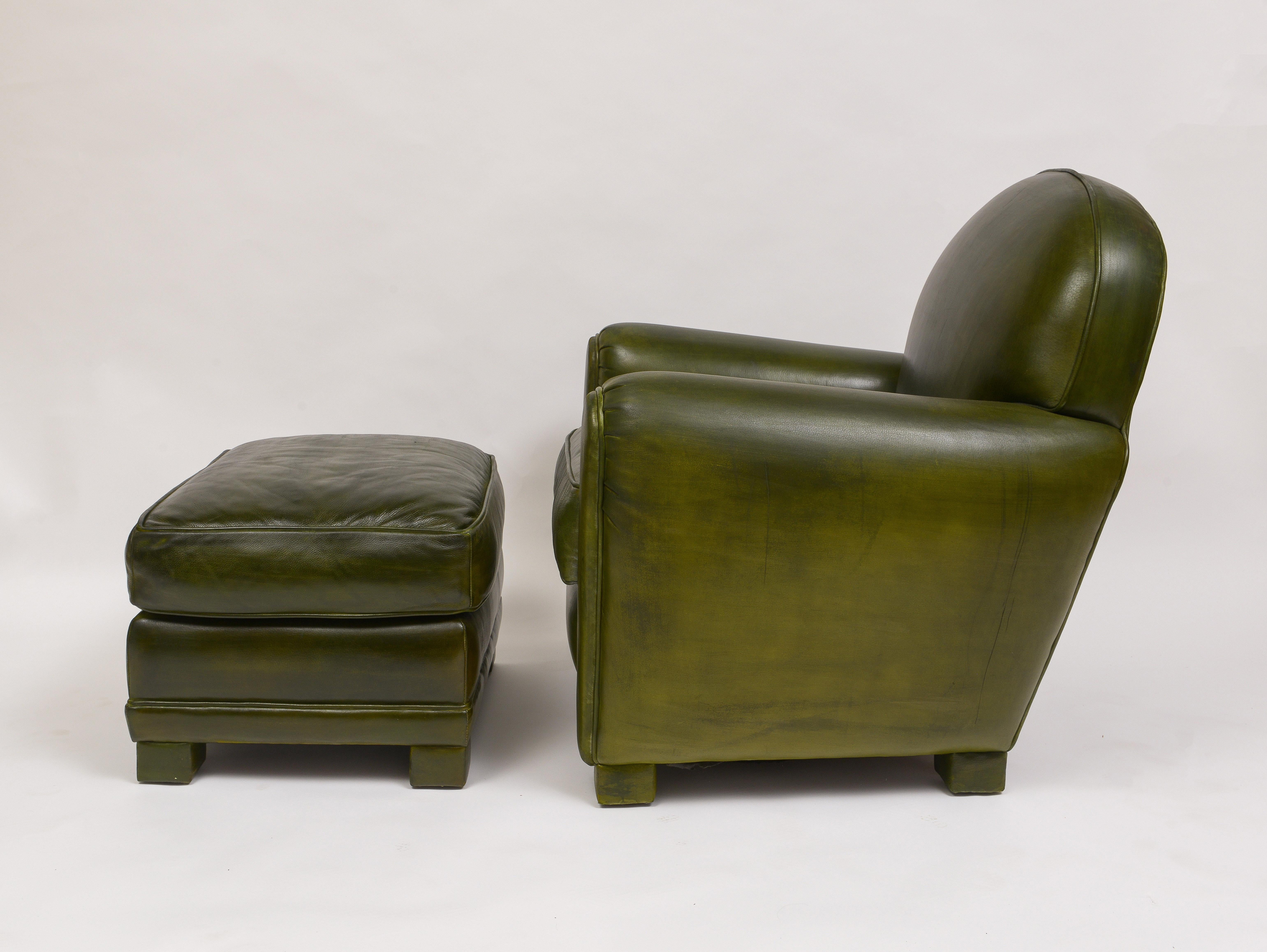 American Early 21st Century Green Leather Club Chairs With Ottomans- 4 Pieces For Sale