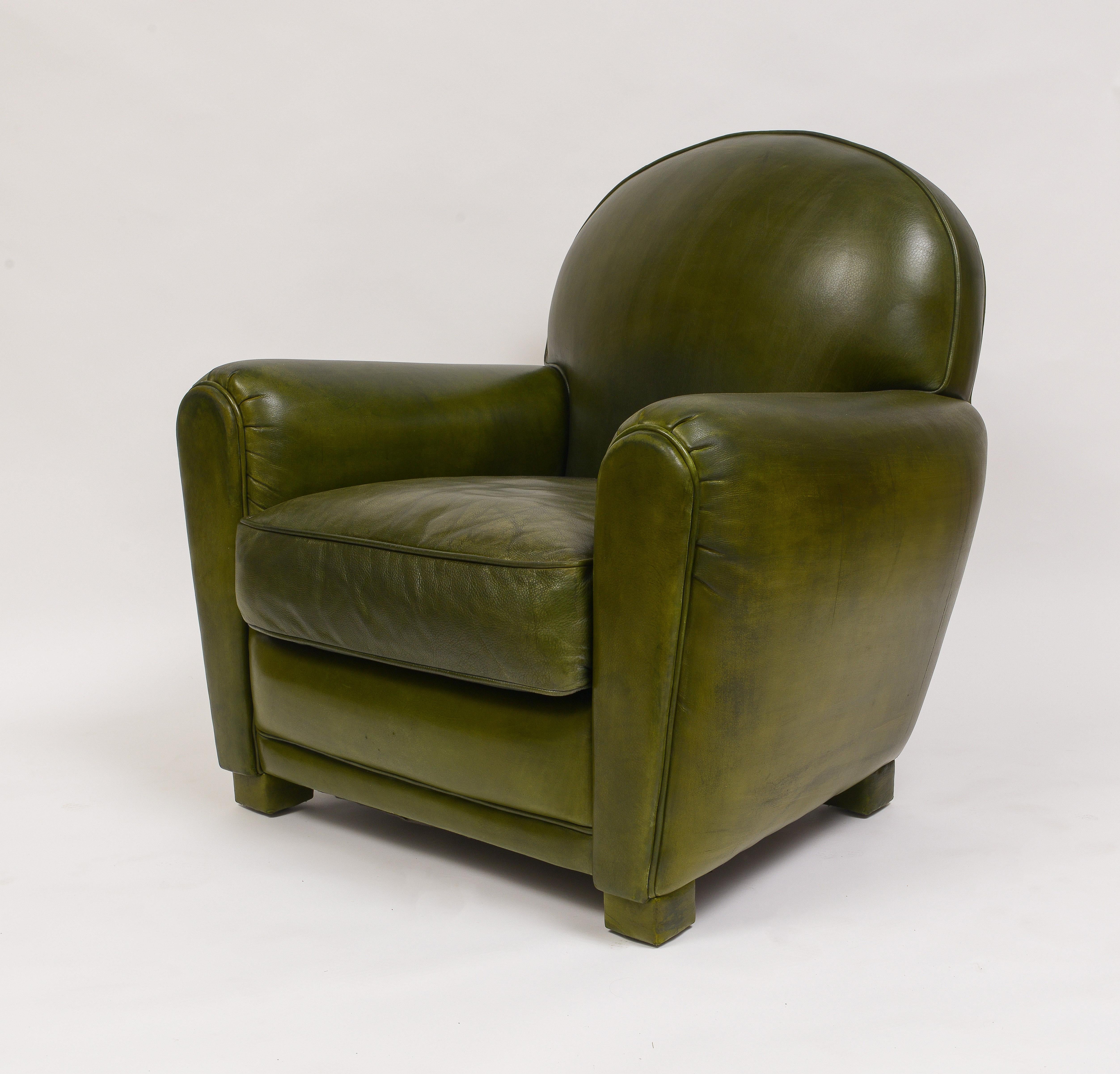 Contemporary Early 21st Century Green Leather Club Chairs With Ottomans- 4 Pieces For Sale