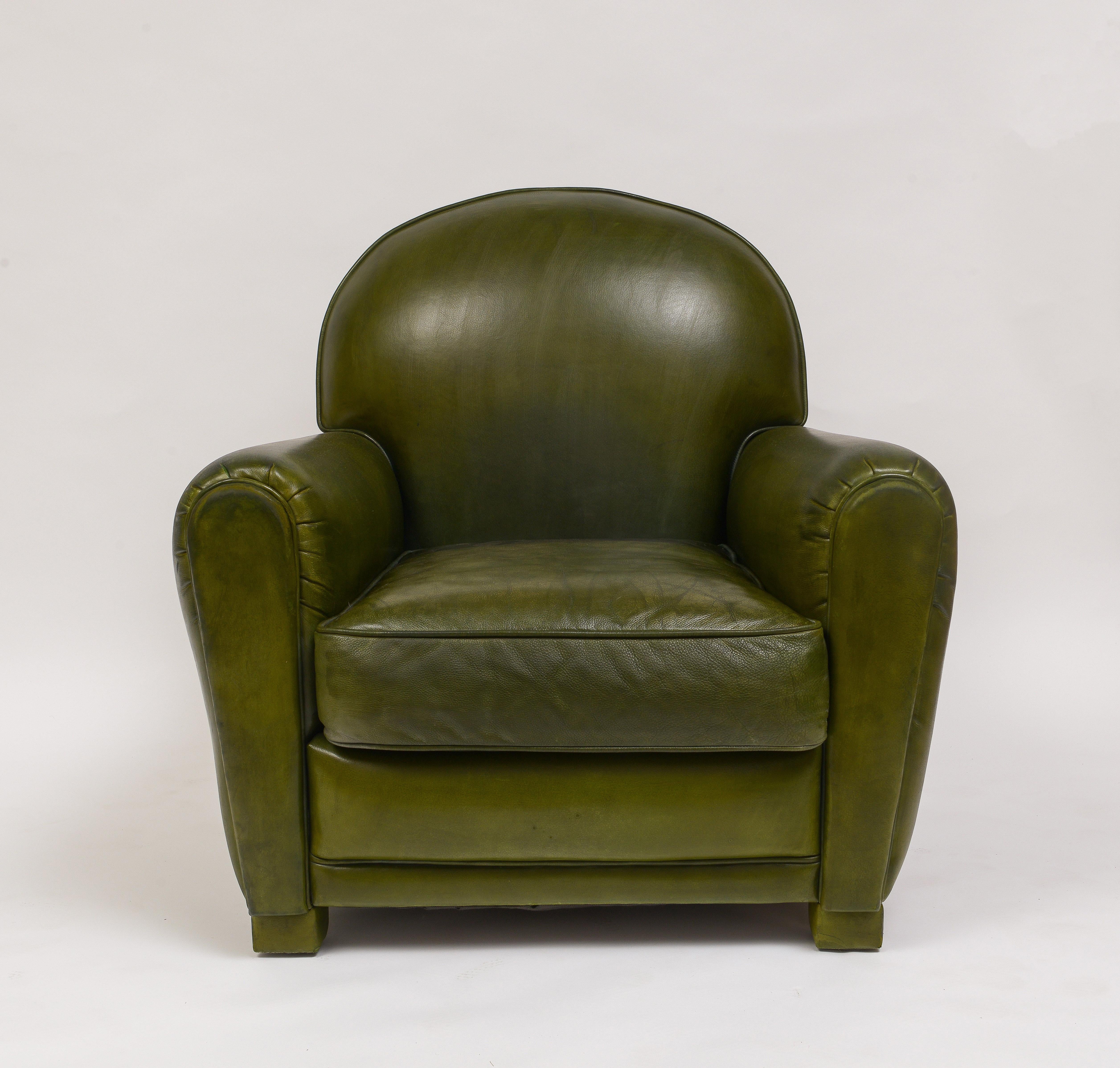 Early 21st Century Green Leather Club Chairs With Ottomans- 4 Pieces For Sale 1