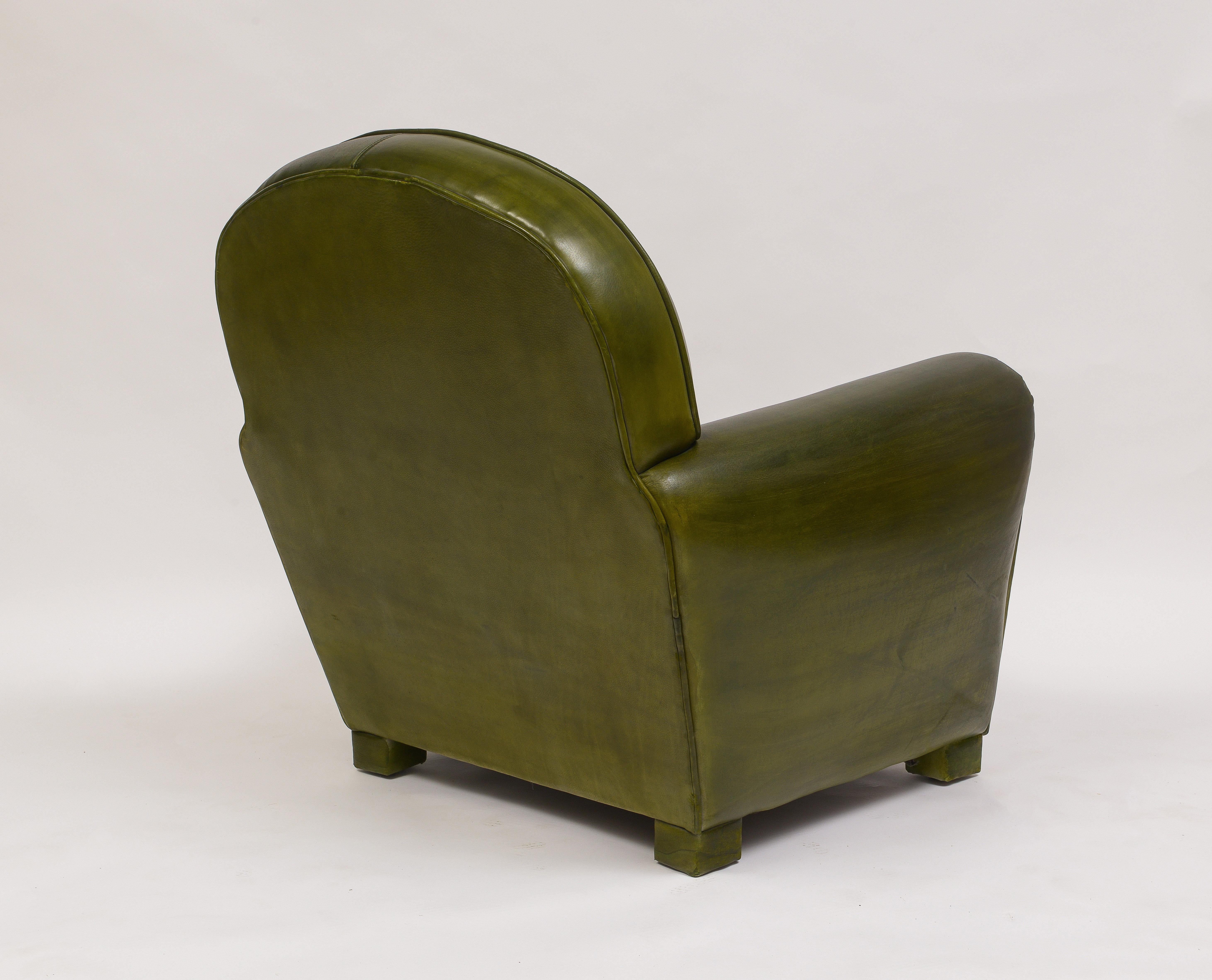Early 21st Century Green Leather Club Chairs With Ottomans- 4 Pieces For Sale 2