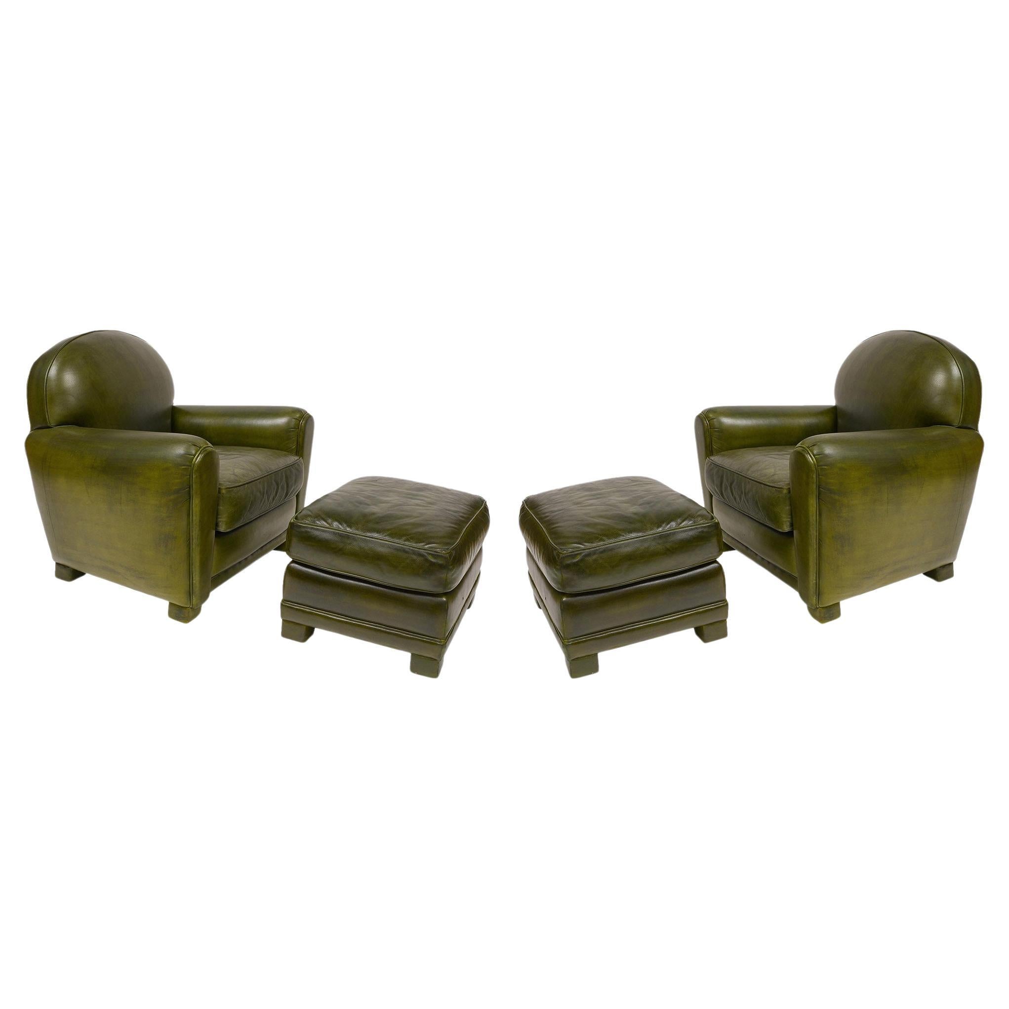 Early 21st Century Green Leather Club Chairs With Ottomans- 4 Pieces For Sale