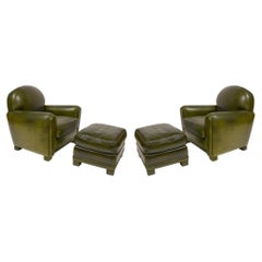 Used Early 21st Century Green Leather Club Chairs With Ottomans- 4 Pieces