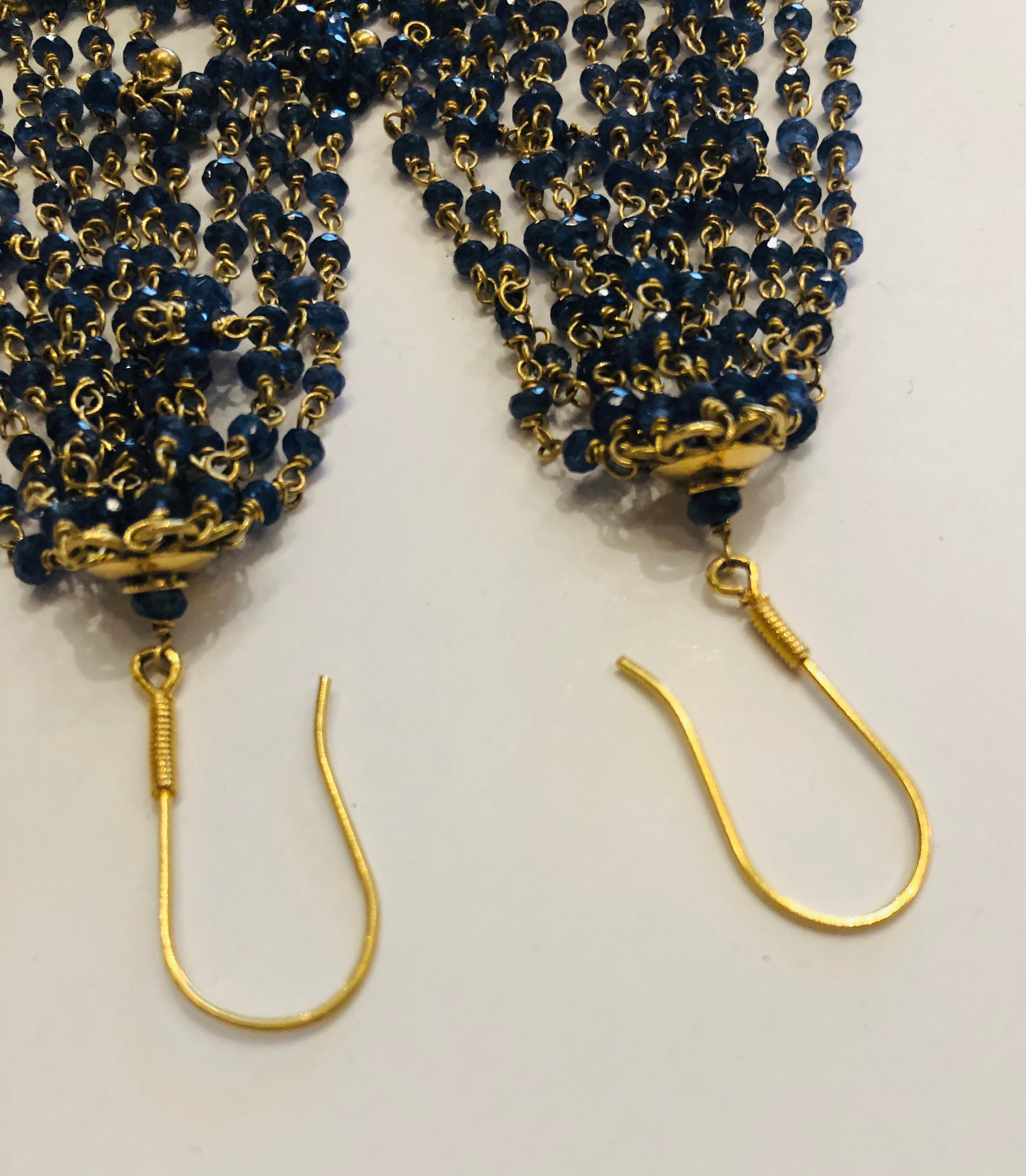 Pair of 18-Karat Yellow Gold and Blue Sapphire Chandelier Tassel Earrings For Sale 7