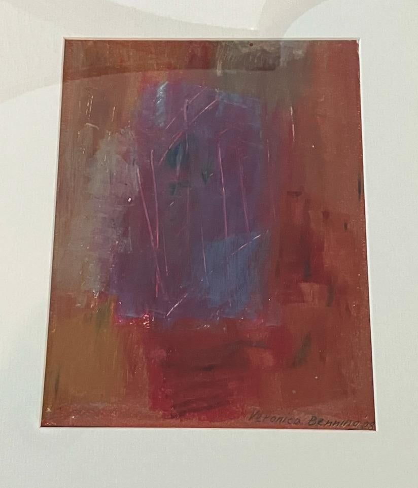 Abstract oil pastel drawing on acid-free paper titled 'Purple Alstro Bouquet, II' by Veronica Benning. The composition features a burnt orange and grey-toned background with a locus of muted purple and blue hues. Hand-signed and dated by the artist