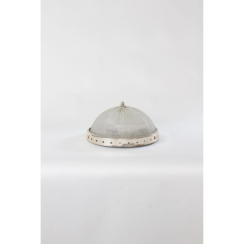 Industrial Early 21st Century Silver Half Bowl Holophane Flush Mount Fixture For Sale