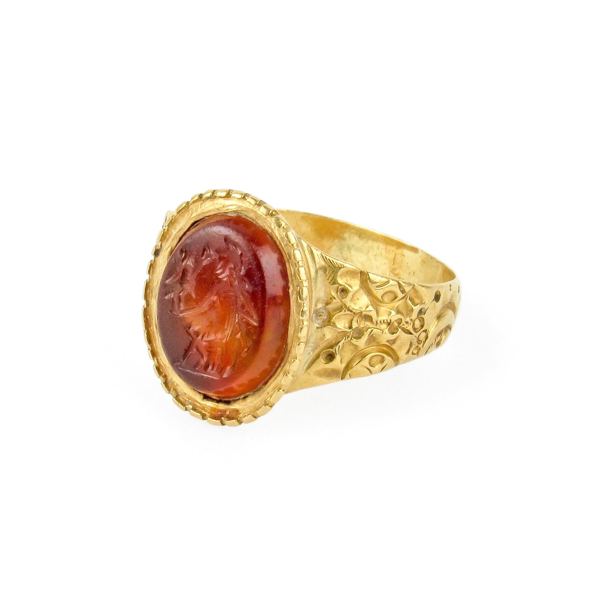 Cabochon Early 22k Carnelian Intaglio Ring of Jupiter Holding Victory For Sale