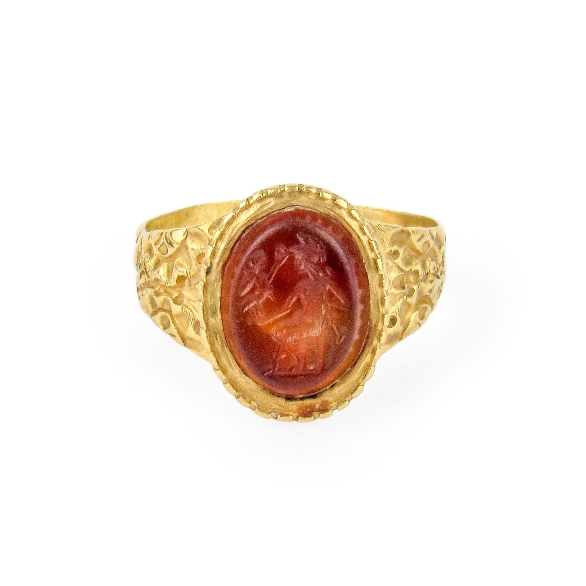 Early 22k Carnelian Intaglio Ring of Jupiter Holding Victory For Sale 1