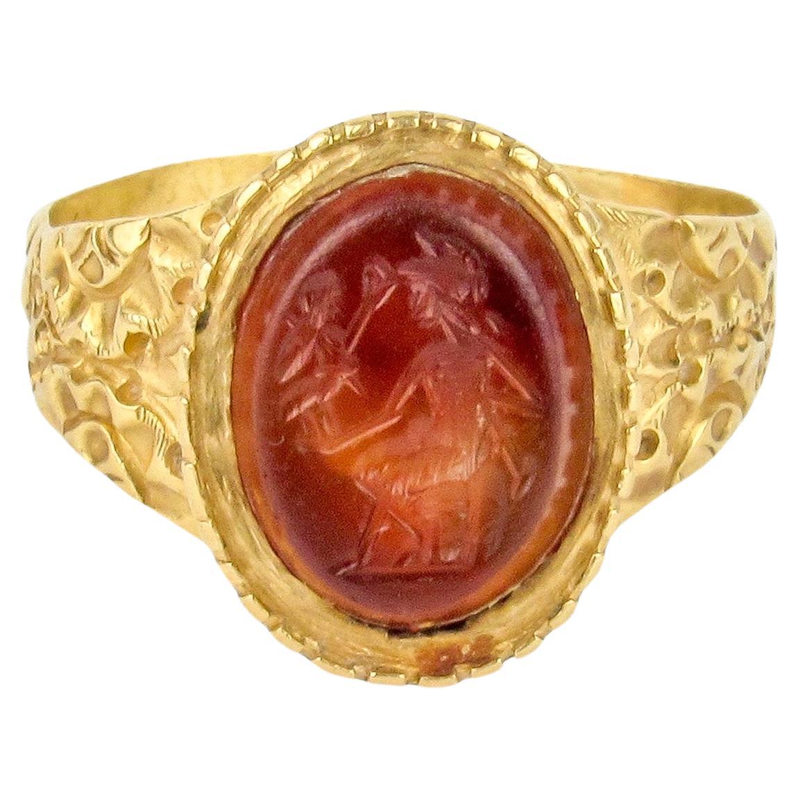 Early 22k Carnelian Intaglio Ring of Jupiter Holding Victory For Sale