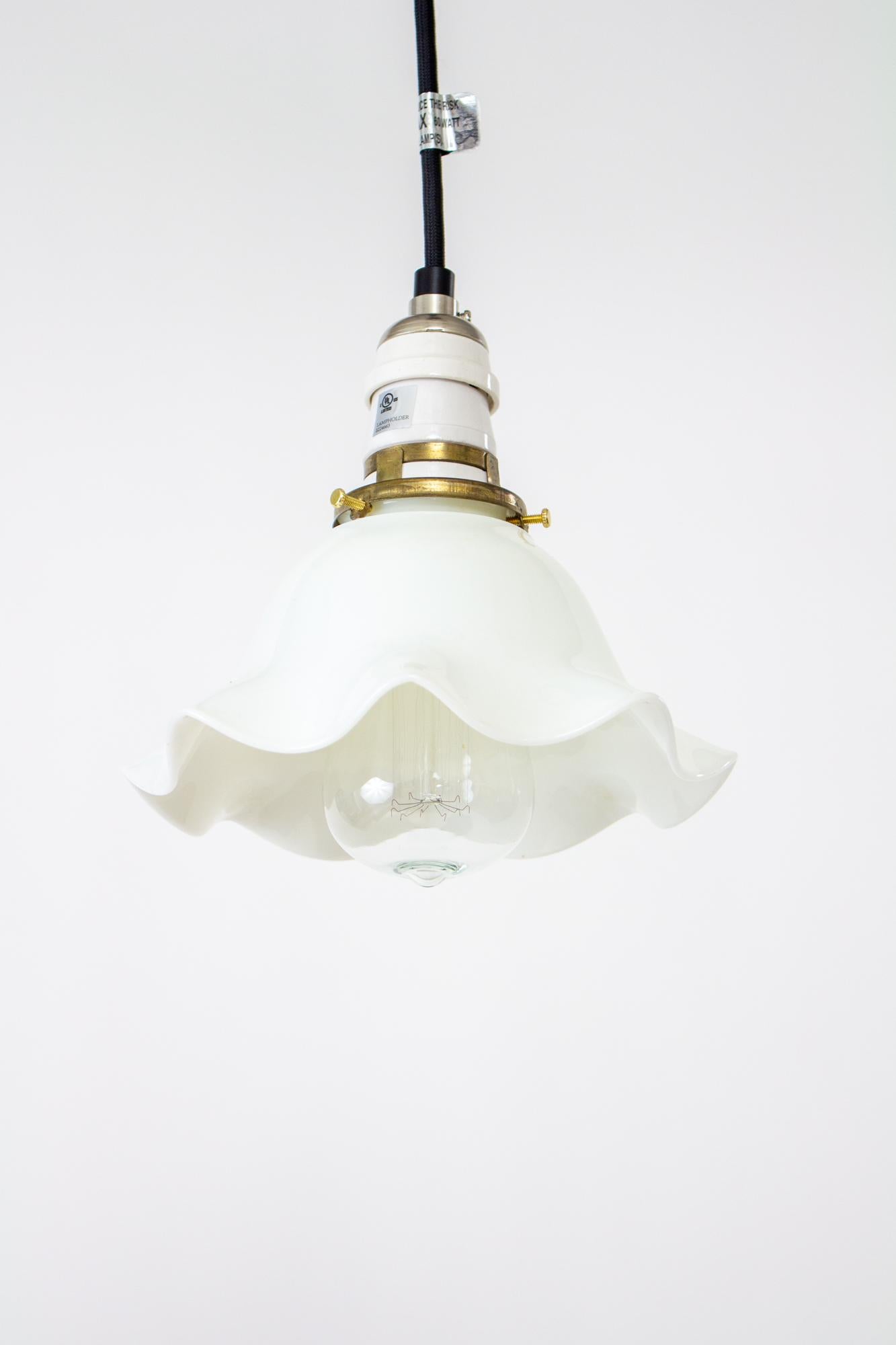 Industrial Early 29th Century Frilly White Milk Glass Pendant For Sale