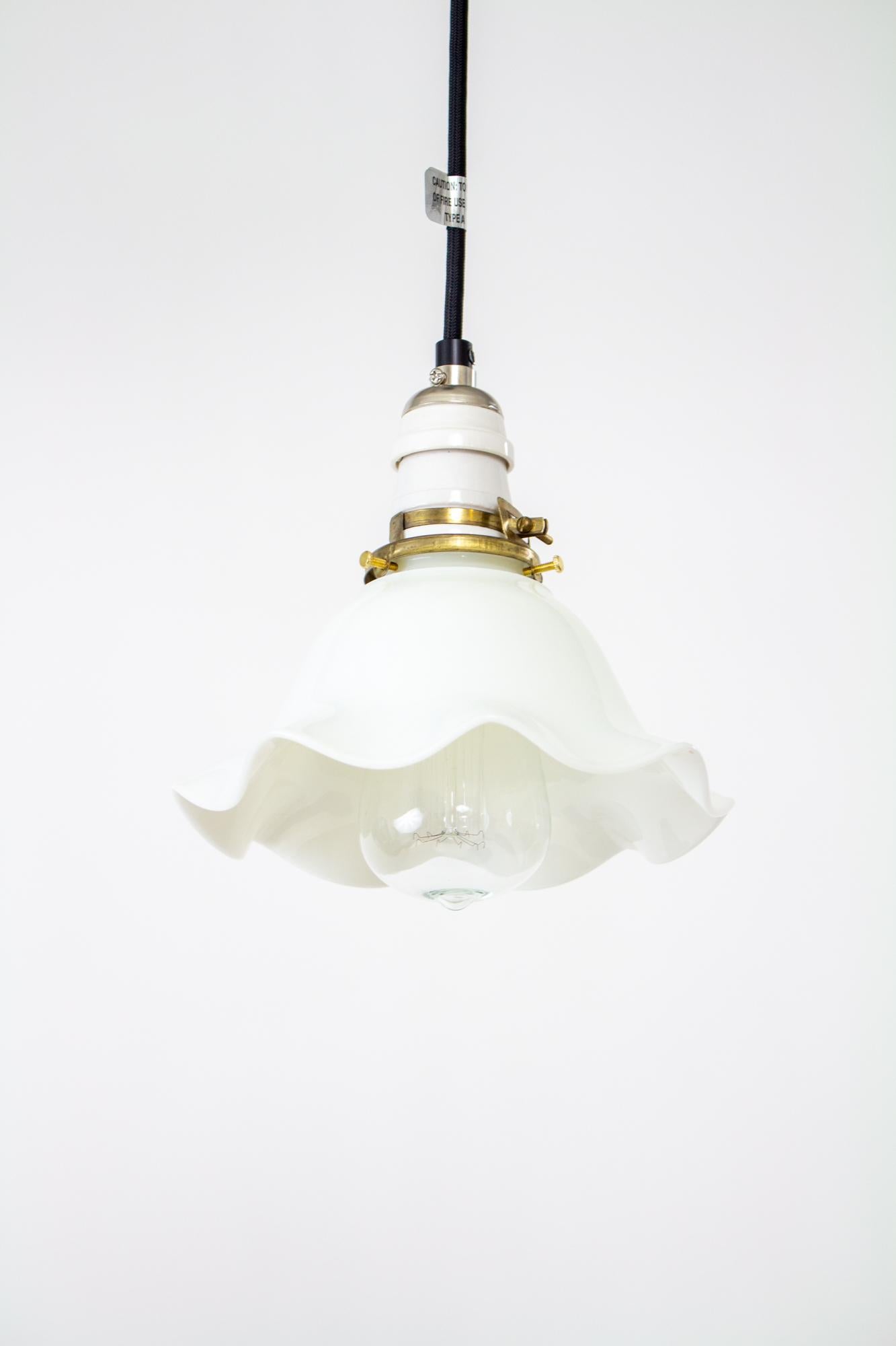 American Early 29th Century Frilly White Milk Glass Pendant For Sale