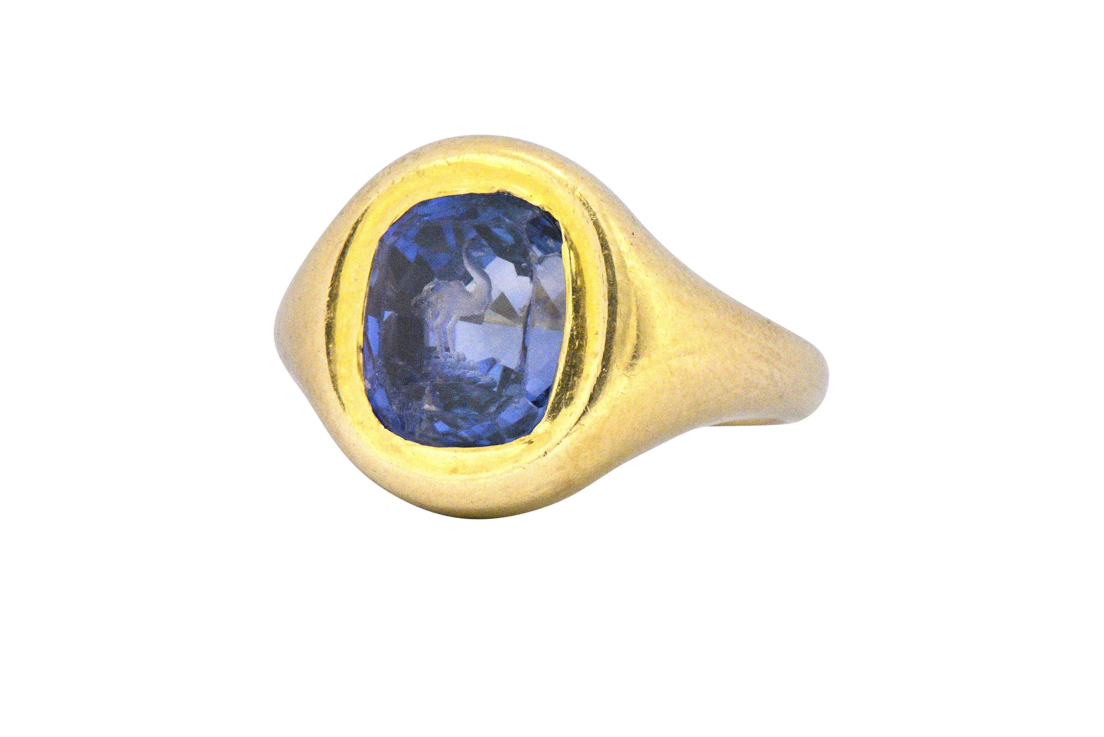 Georgian Early 6 .0 CTW Carved Ostrich Unheated Ceylon Sapphire 18K Gold Unisex Ring