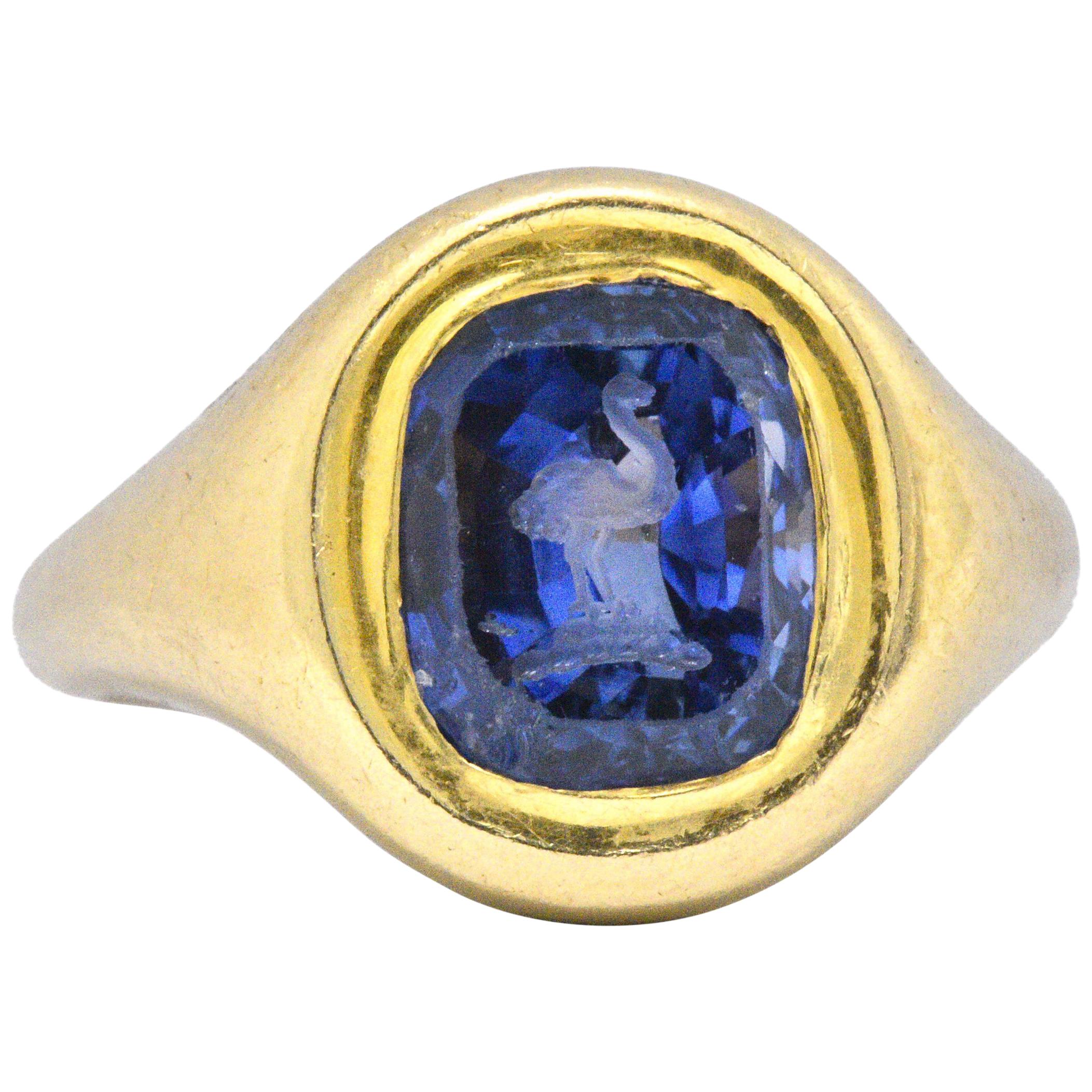 Early 6 .0 CTW Carved Ostrich Unheated Ceylon Sapphire 18K Gold Unisex Ring