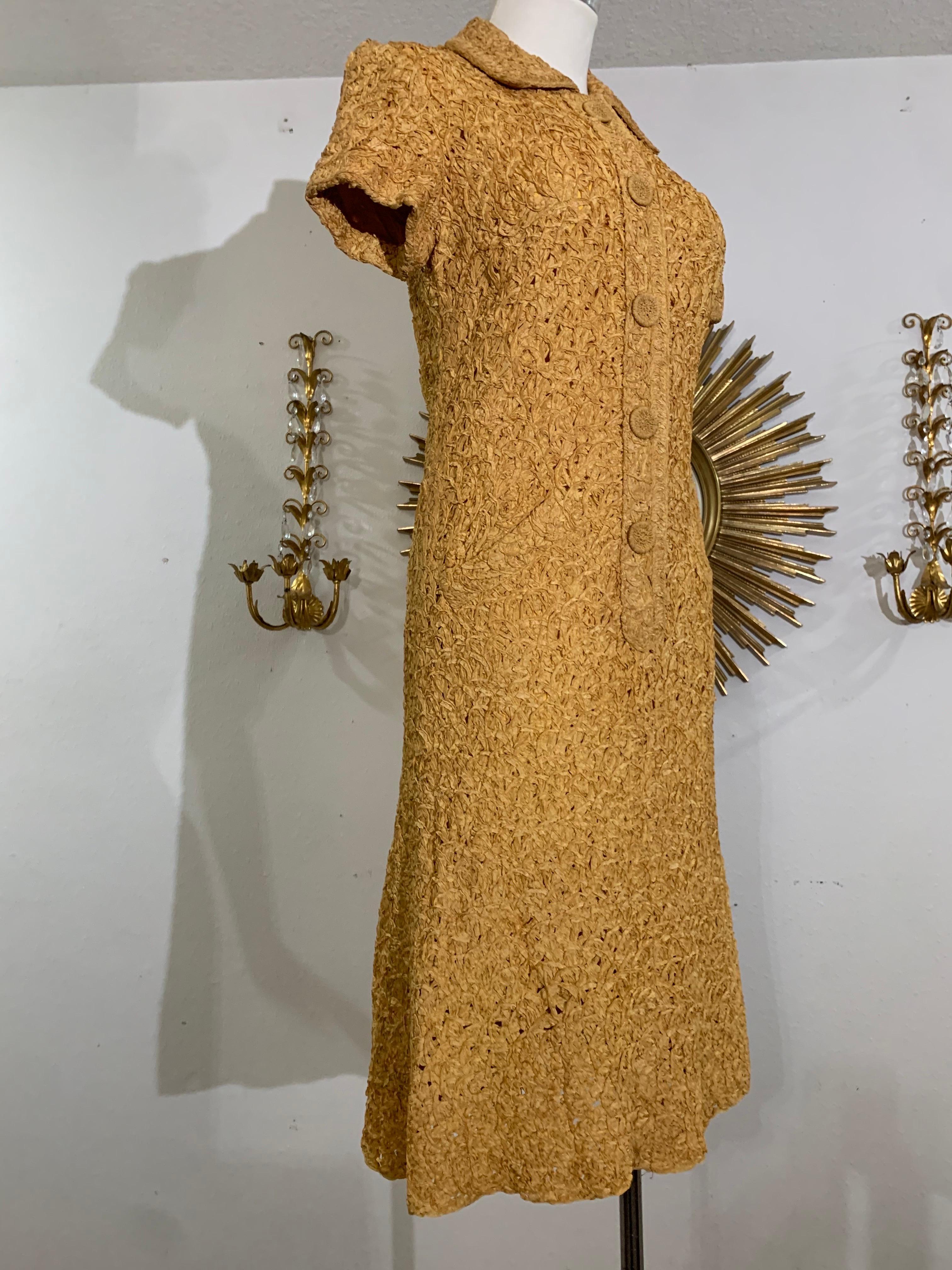 Early 60s Mustard Toned Shirtwaist Ribbon-Knit Dress w Zipper / Button Front For Sale 5