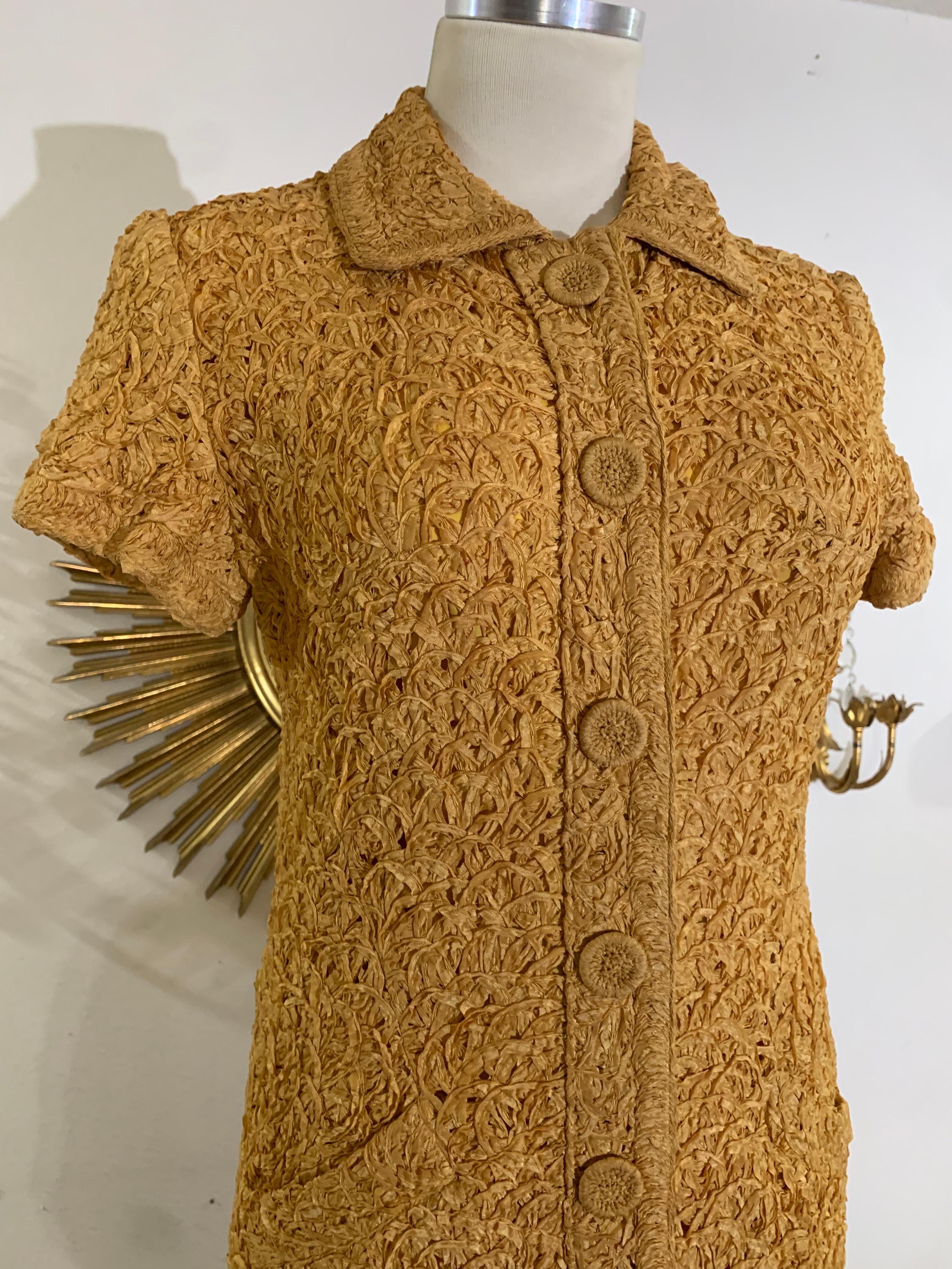 Early 60s Mustard Toned Shirtwaist Ribbon-Knit Tailored Dress w Zippered Faux Button Front: A classic casual style in a wonderfully textured ribbon knit. Body conscious demure style! Fully lined. Side patch pockets seal the deal! US size 4-6