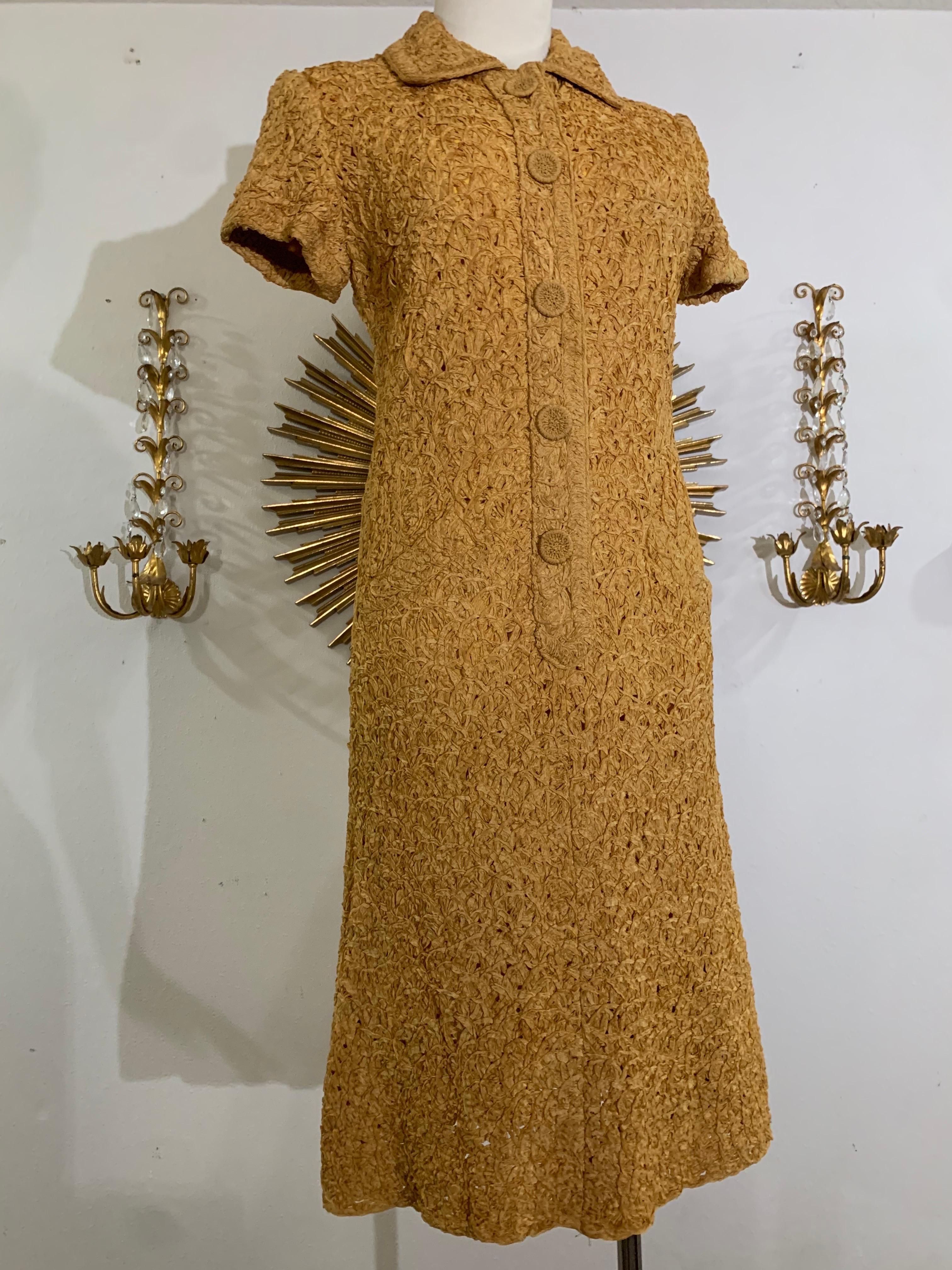 Early 60s Mustard Toned Shirtwaist Ribbon-Knit Dress w Zipper / Button Front For Sale 2