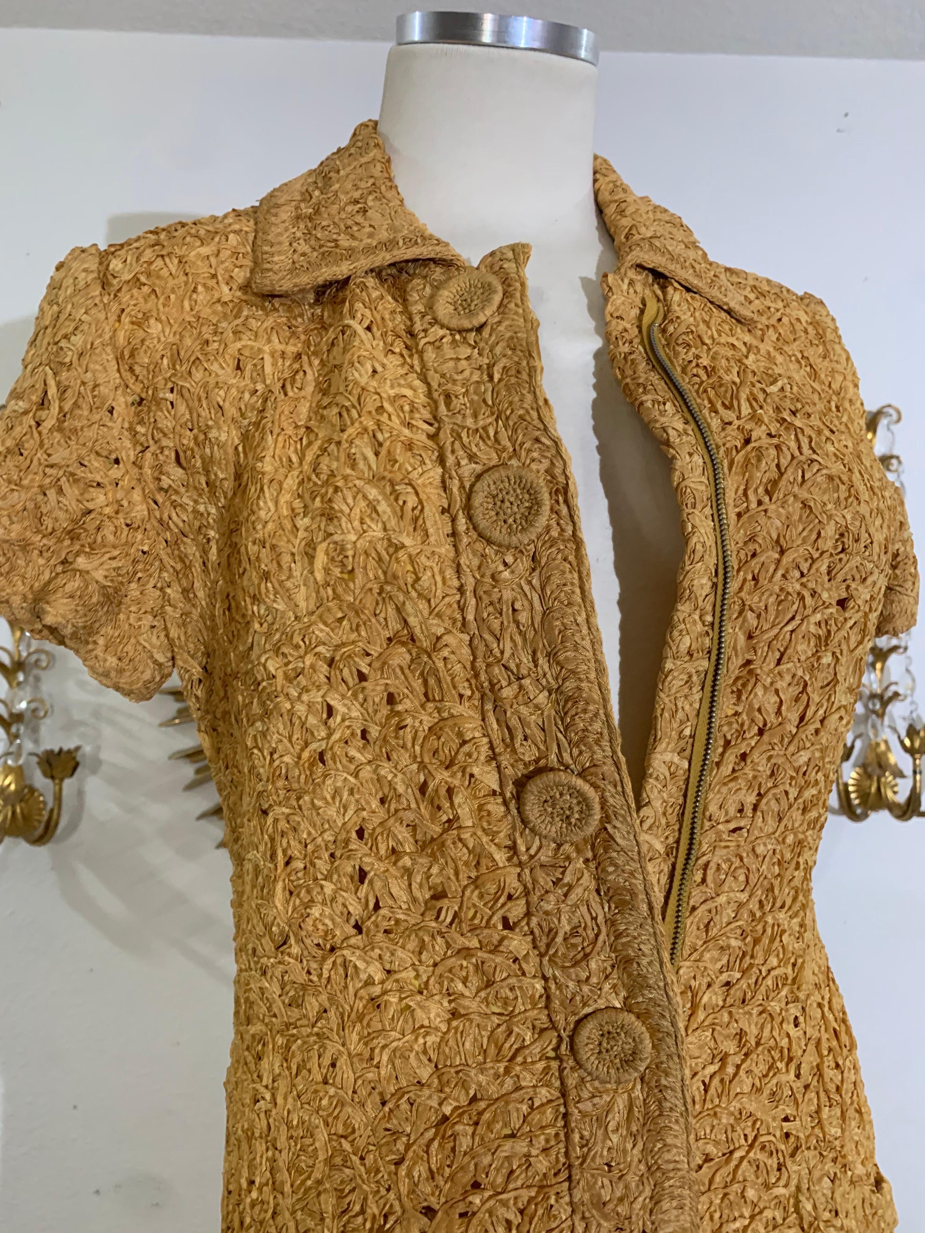 Early 60s Mustard Toned Shirtwaist Ribbon-Knit Dress w Zipper / Button Front For Sale 3