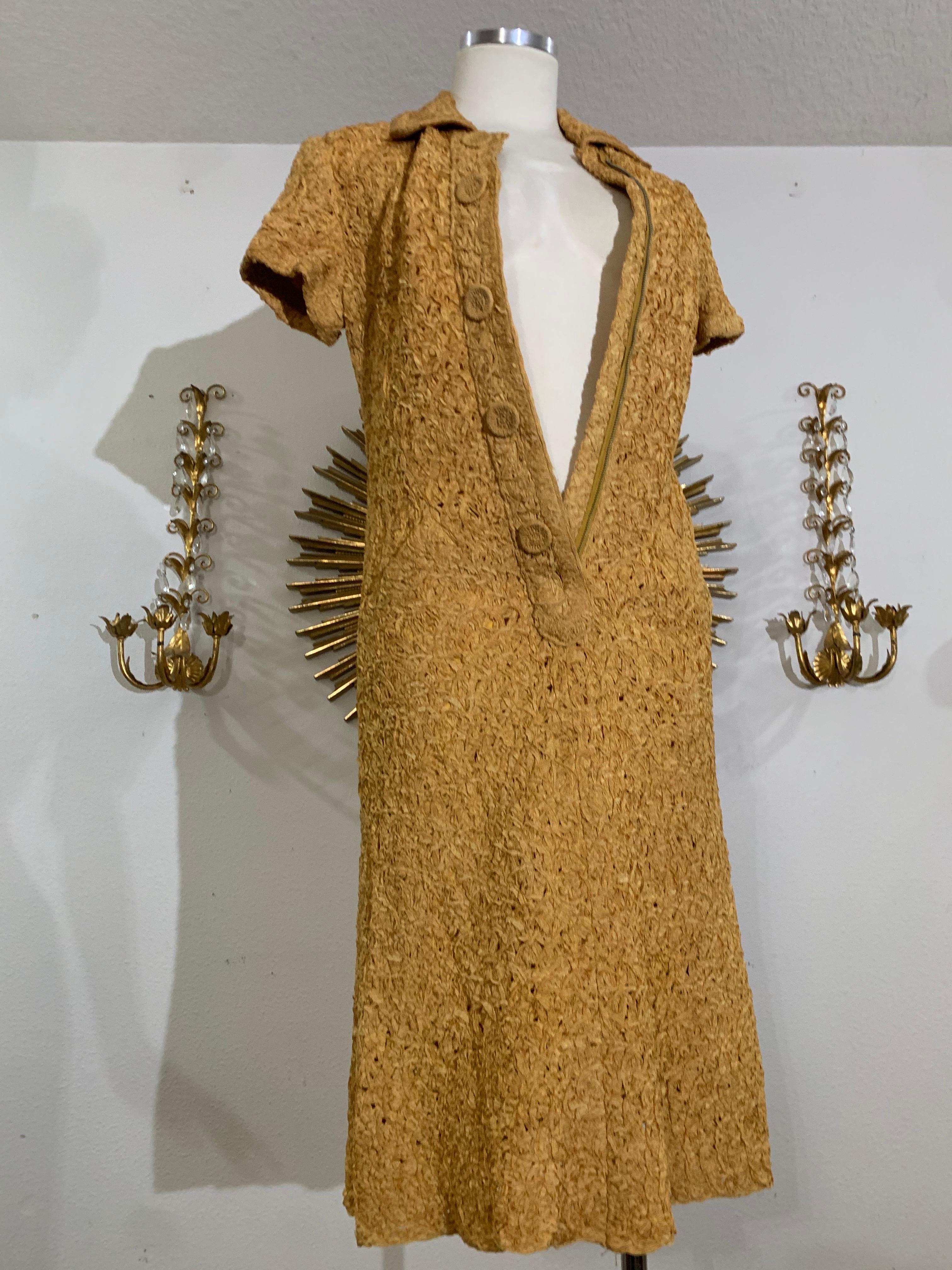 Early 60s Mustard Toned Shirtwaist Ribbon-Knit Dress w Zipper / Button Front For Sale 4