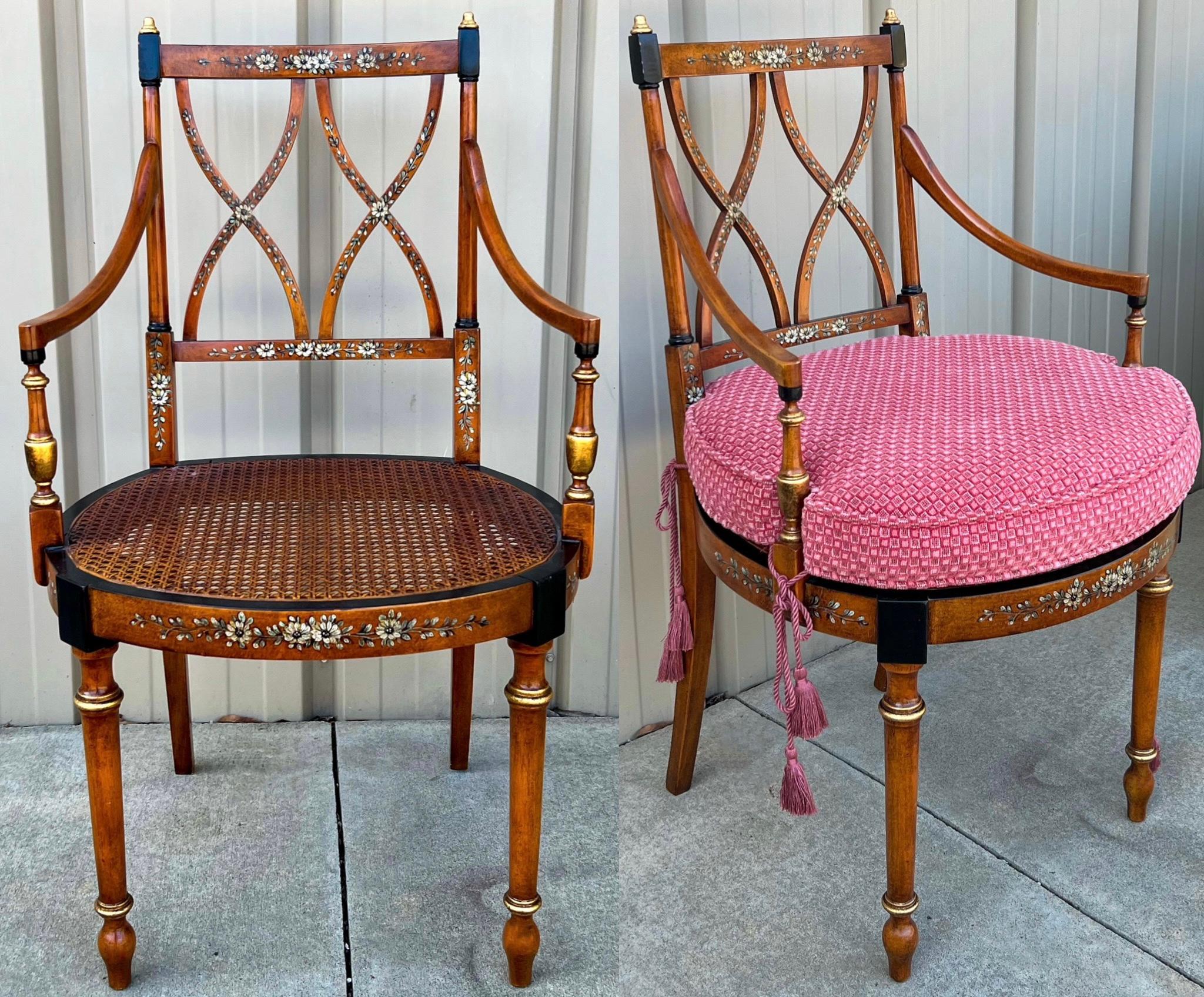 Early Adam Style Satinwood Painted and Caned Bergere Chairs - Pair 5