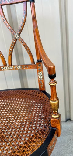 Early Adam Style Satinwood Painted and Caned Bergere Chairs - Pair