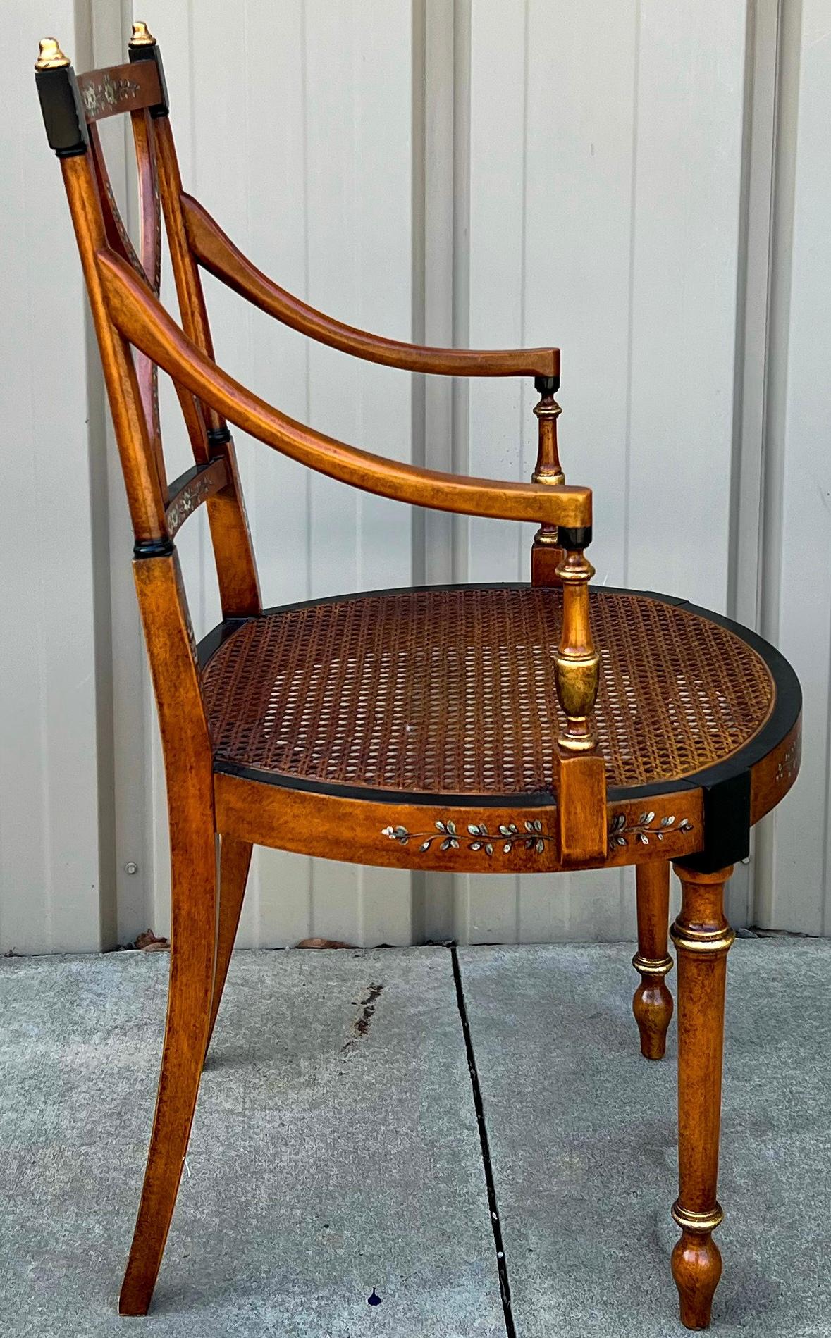 Early Adam Style Satinwood Painted and Caned Bergere Chairs - Pair In Good Condition In Kennesaw, GA