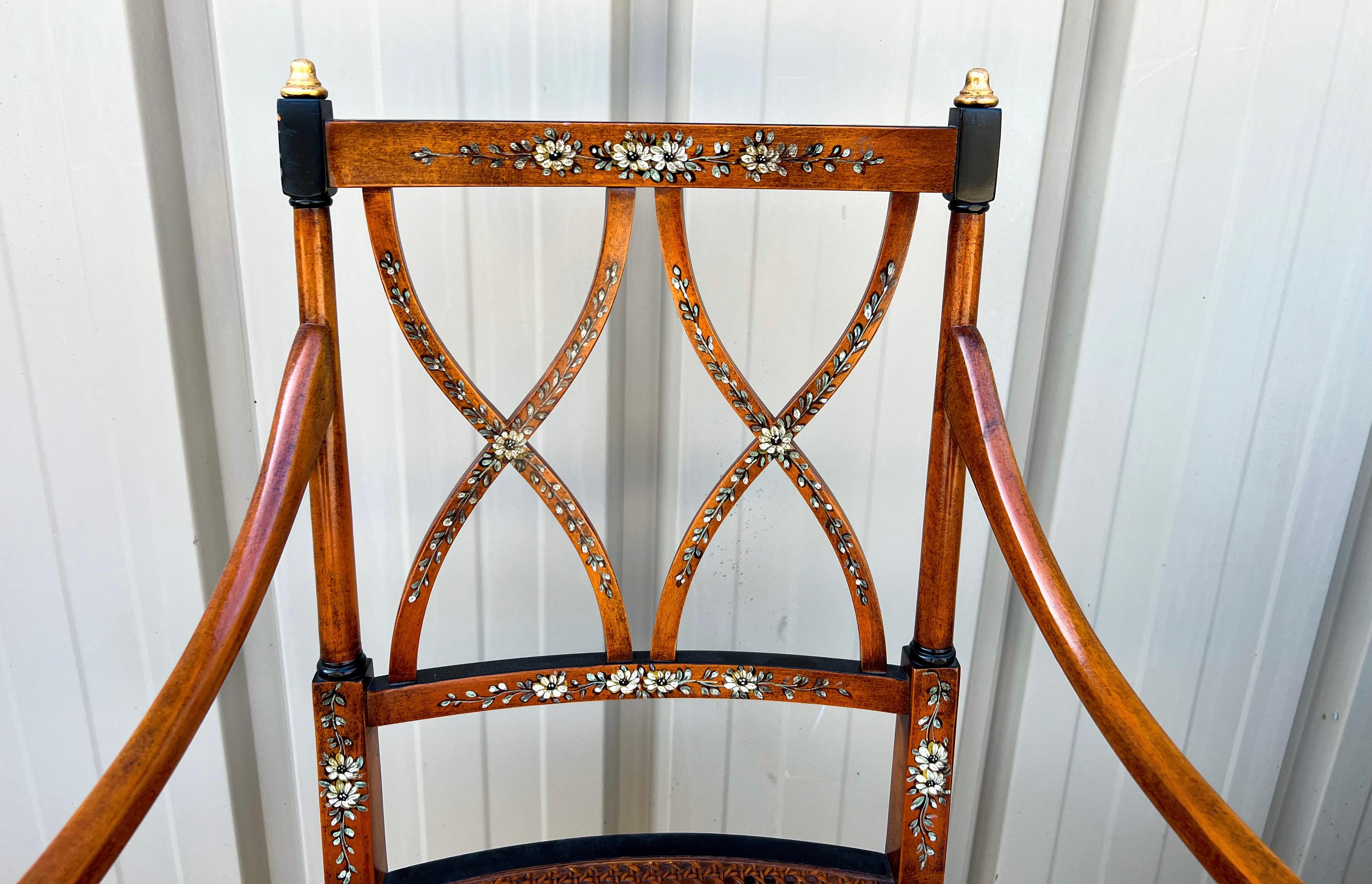 Upholstery Early Adam Style Satinwood Painted and Caned Bergere Chairs - Pair