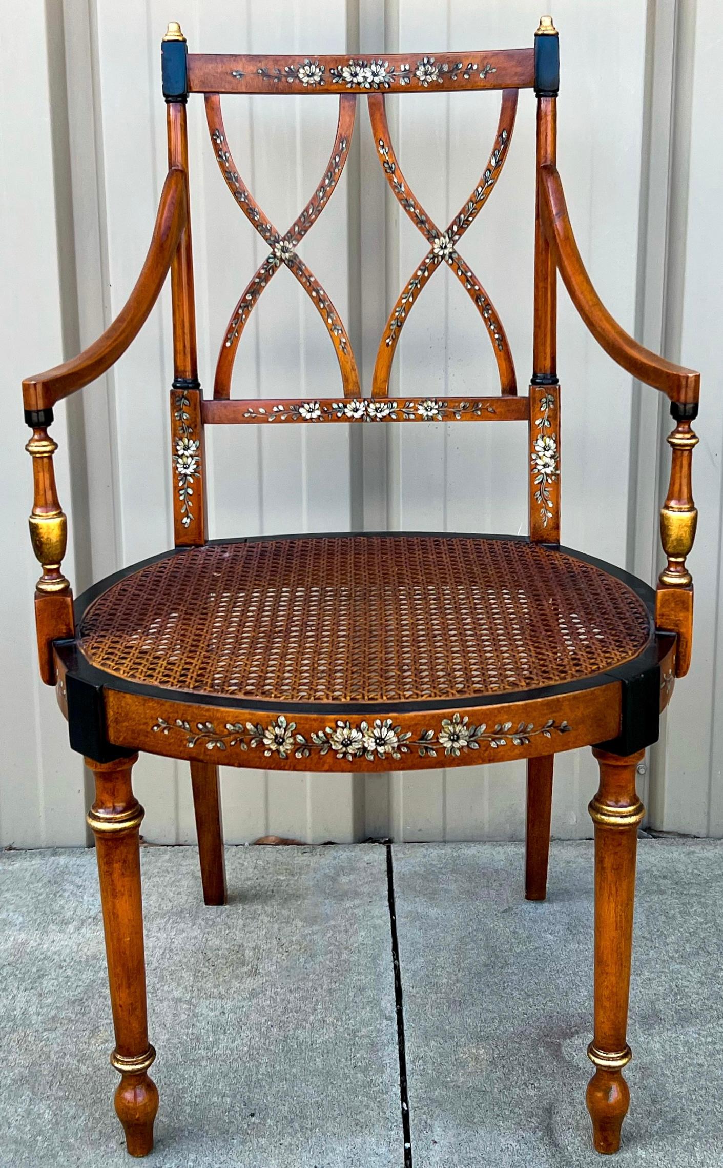 Early Adam Style Satinwood Painted and Caned Bergere Chairs - Pair 2