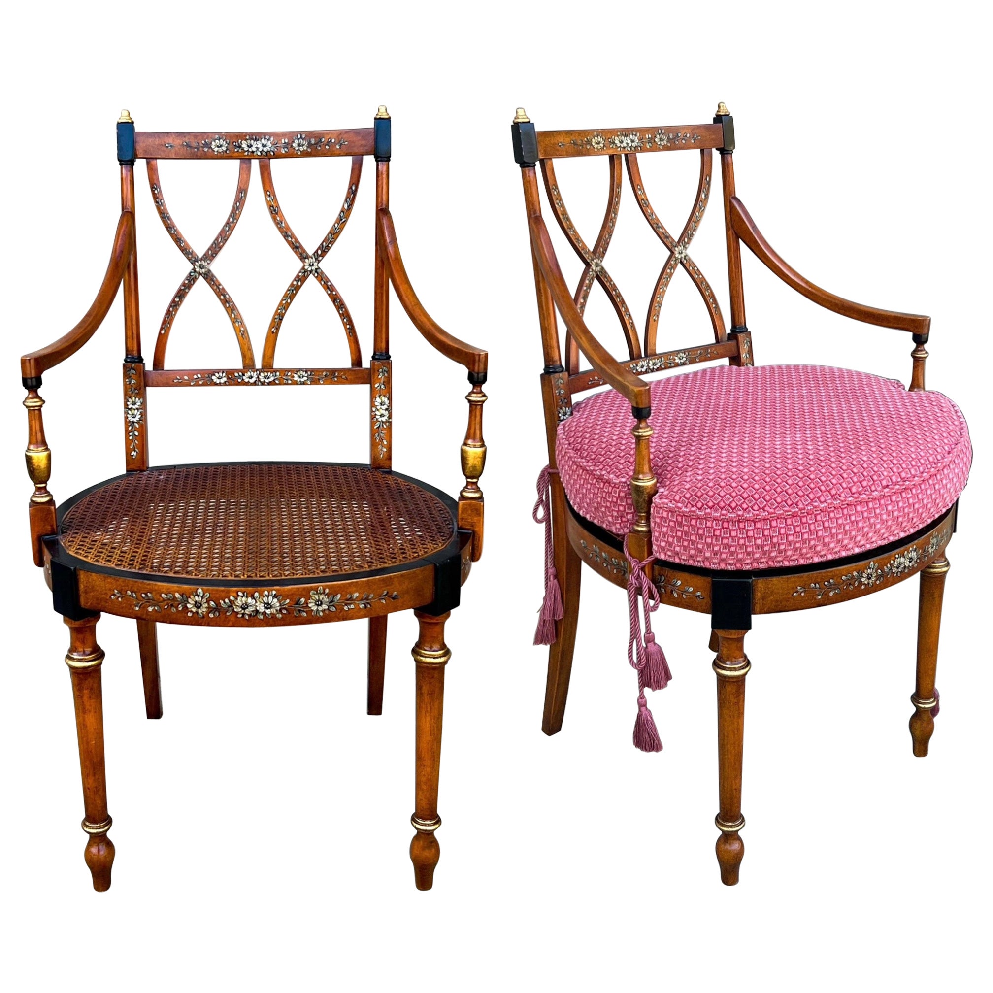 Early Adam Style Satinwood Painted and Caned Bergere Chairs - Pair