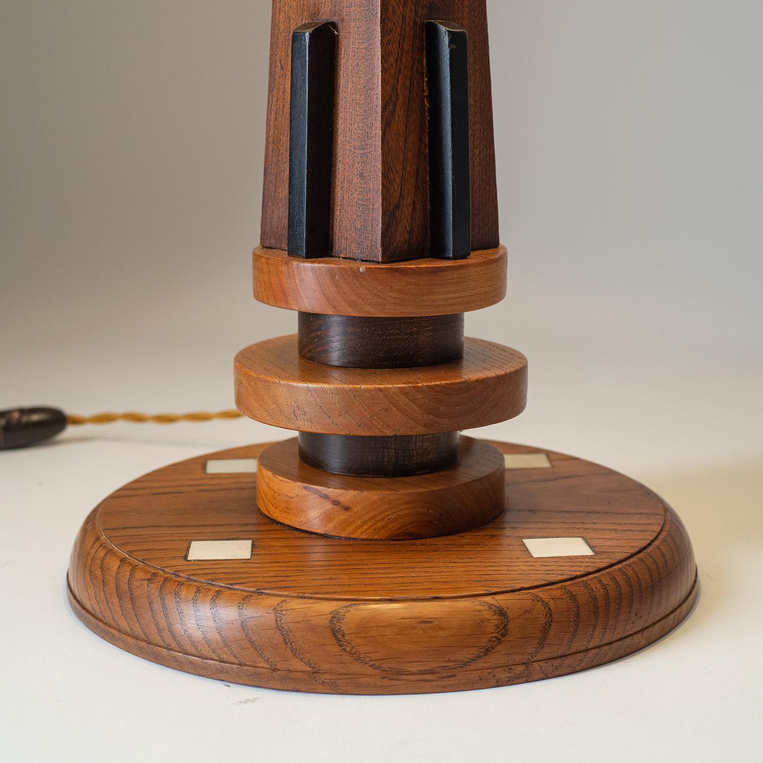 French Early Adnet Table Lamp, circa 1925, Oak, Parchment Shade