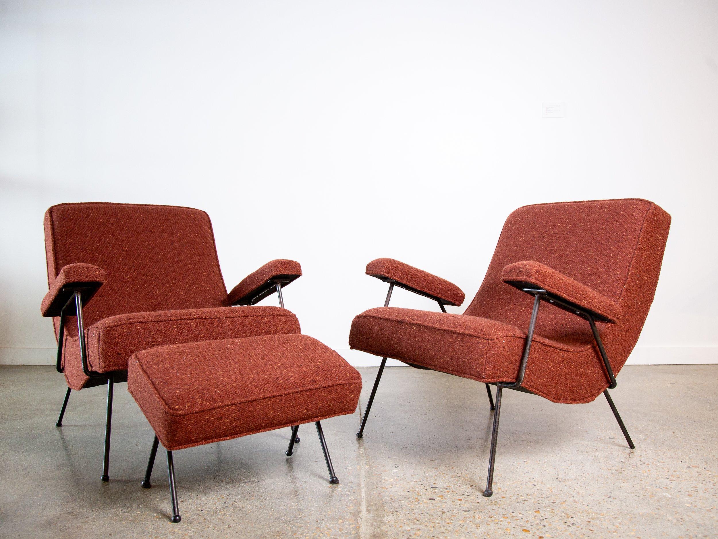 An early pair of Adrian Pearsall 109c lounge chairs for craft associates.  These early iron chairs rarely surface. These chairs came from a single family estate (picture from 1960 included). The wool upholstery and foam is newly replaced. The fabric