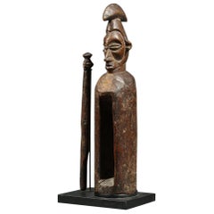 Antique Early African Tribal Yaka Wood Slit Drum with Striker, DRC Congo Fine Face