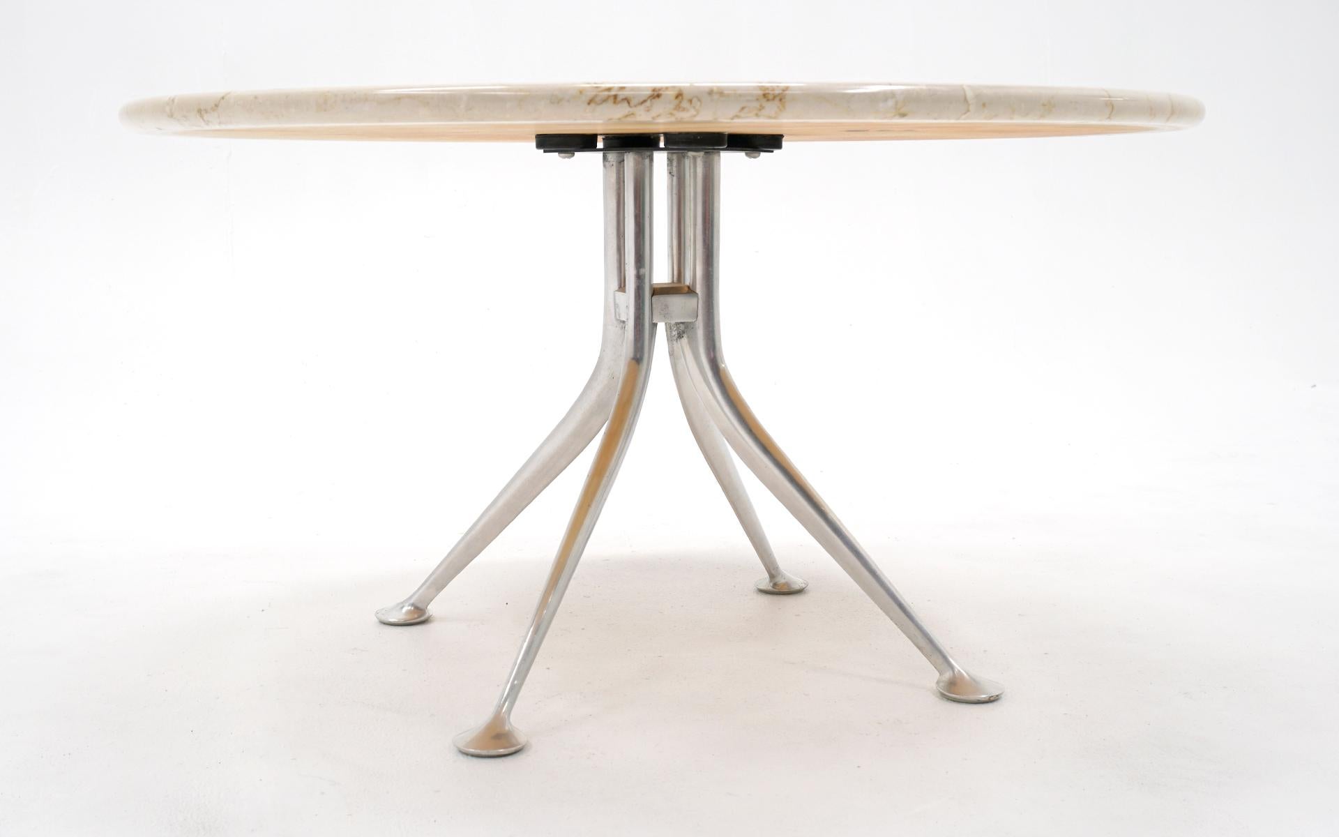 Early Alexander Girard Round Coffee / Side Table, Beige Marble, Aluminum Base In Good Condition In Kansas City, MO