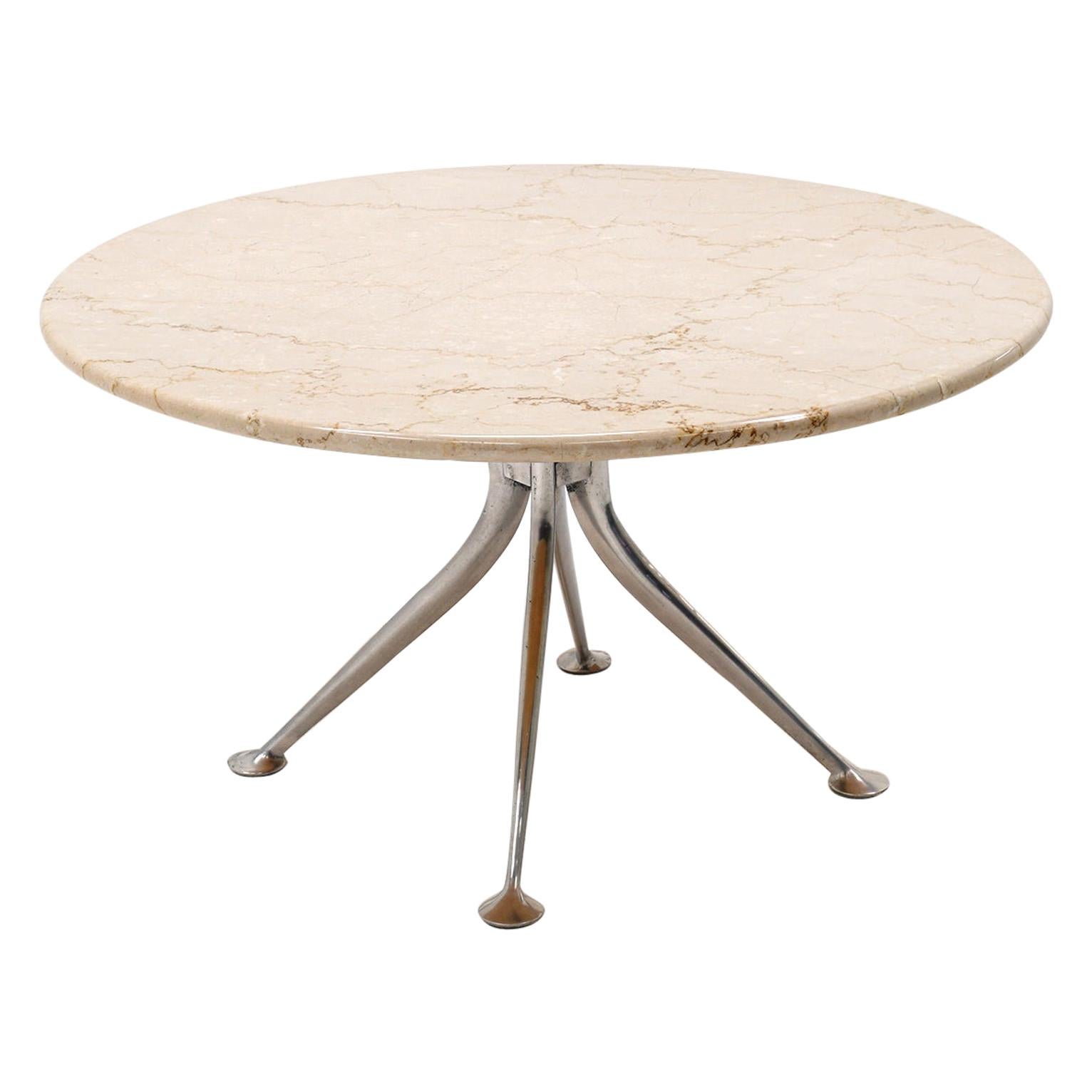 Early Alexander Girard Round Coffee / Side Table, Beige Marble, Aluminum Base