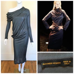 Early Alexander McQueen Joan Of Arc 1998 Gray Asymmetric Cape Collar Cowl Dress