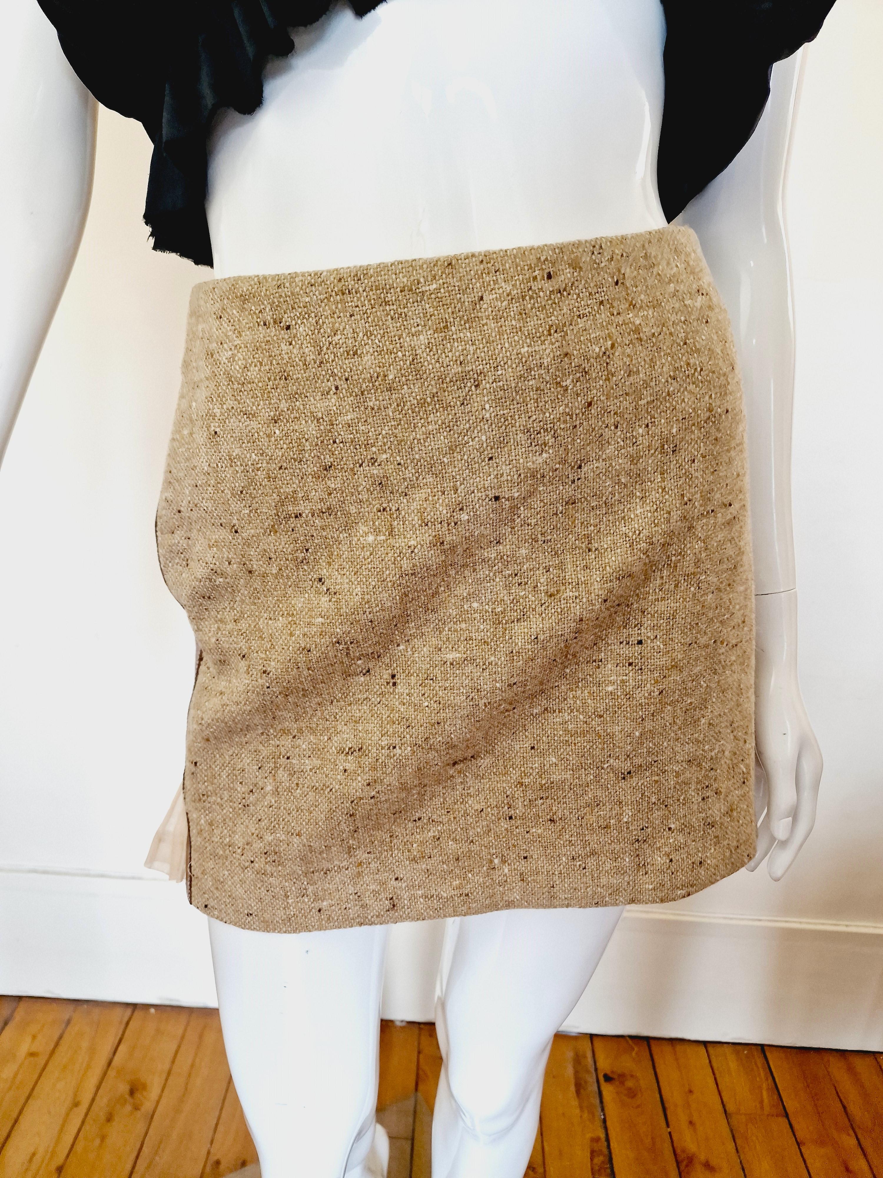 Early Alexander McQueen Tweed Wool Leather Beige S/S 2003 Irere Collection Skirt For Sale 8