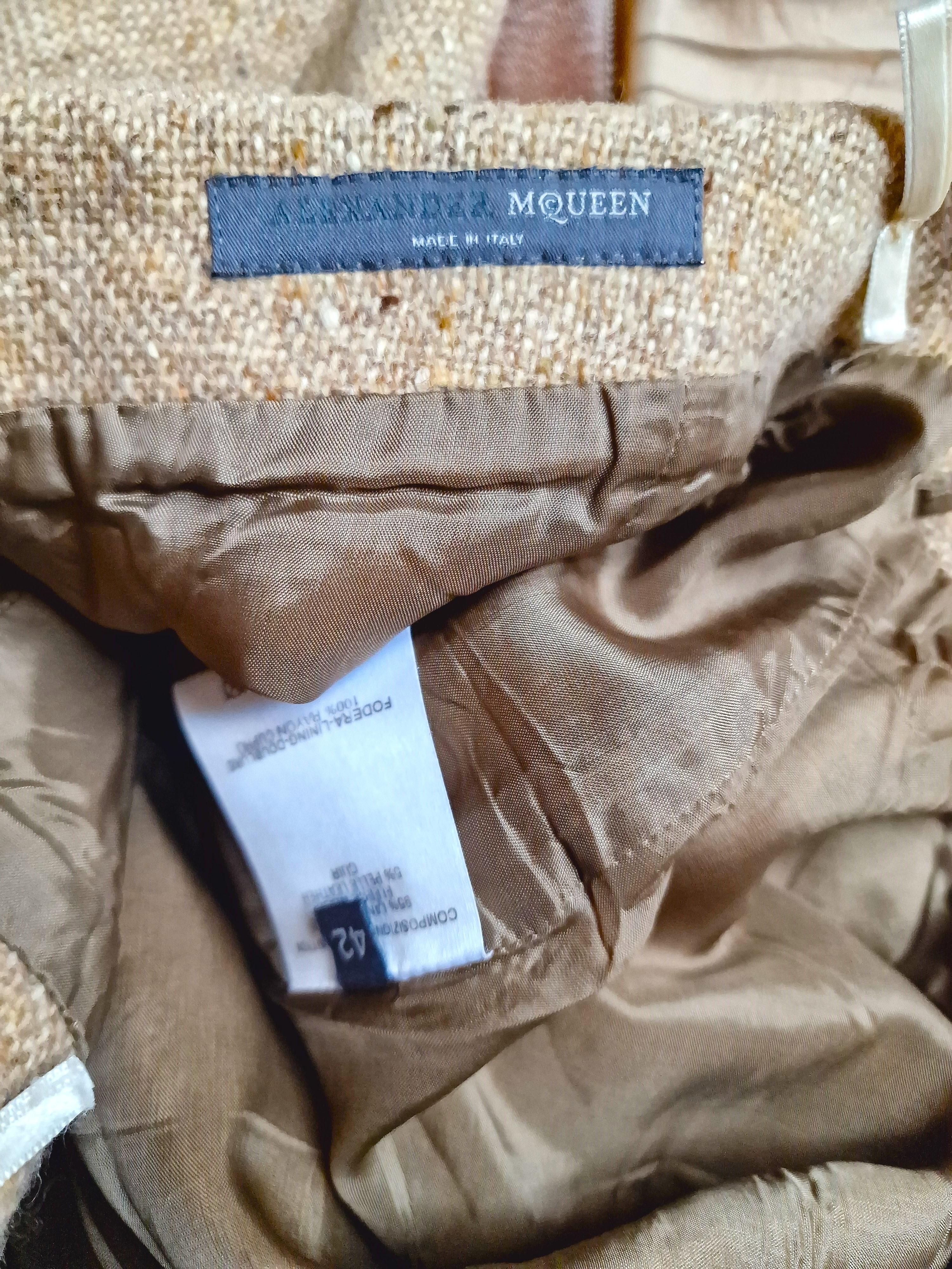 Early Alexander McQueen Tweed Wool Leather Beige S/S 2003 Irere Collection Skirt For Sale 10