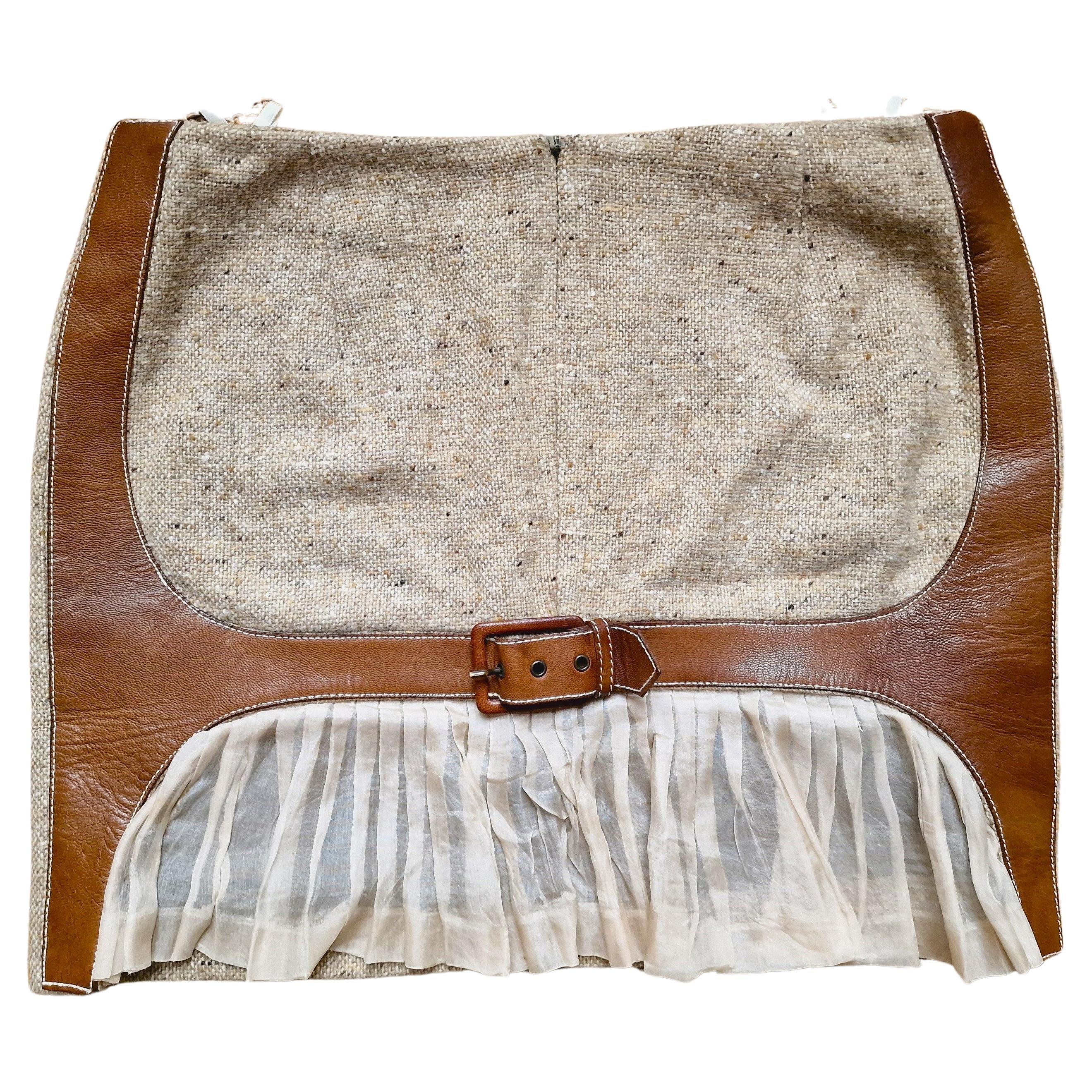 Early Alexander McQueen Tweed Wool Leather Beige S/S 2003 Irere Collection Skirt For Sale