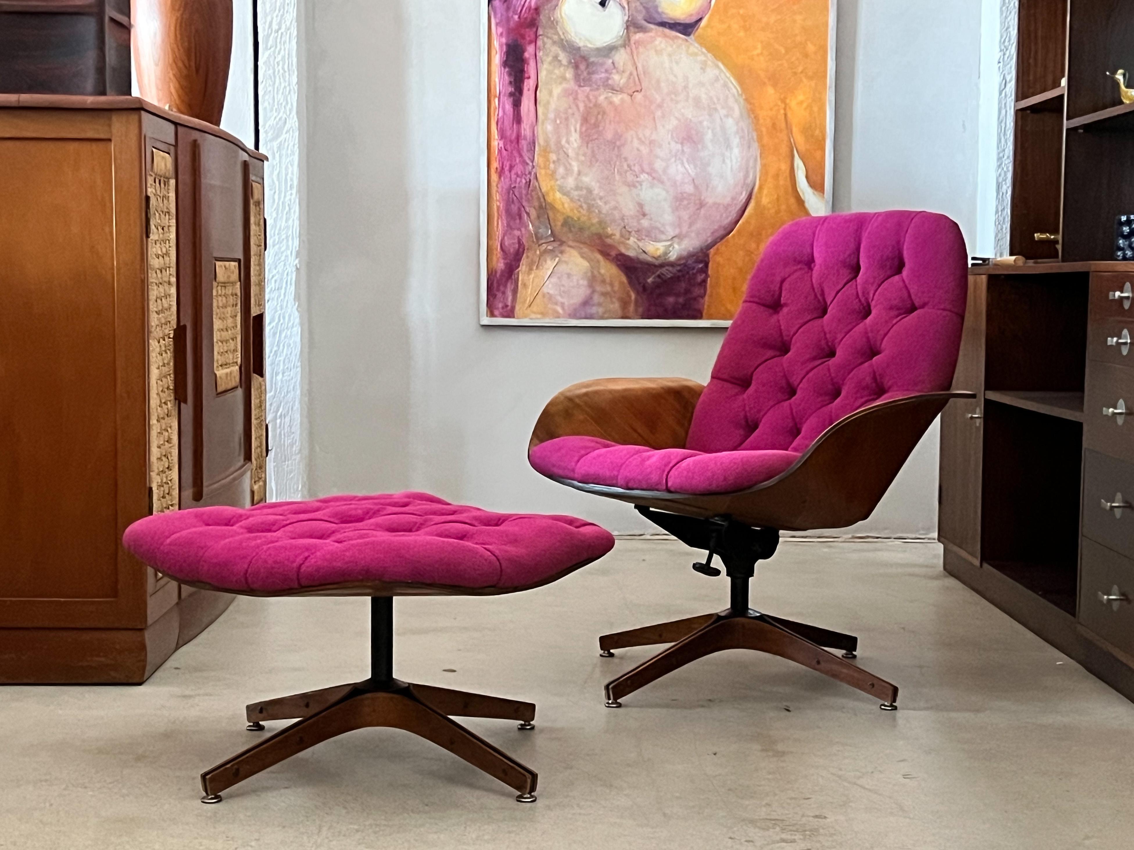 Swivel and tilt “Mrs. Chair” and ottoman designed by George Mulhauser for Plycraft, c. 1960s. Constructed of a molded walnut ply shell and a wood wrapped base. This smaller scale variation was first mentioned in 1961 along side its counterpart, the