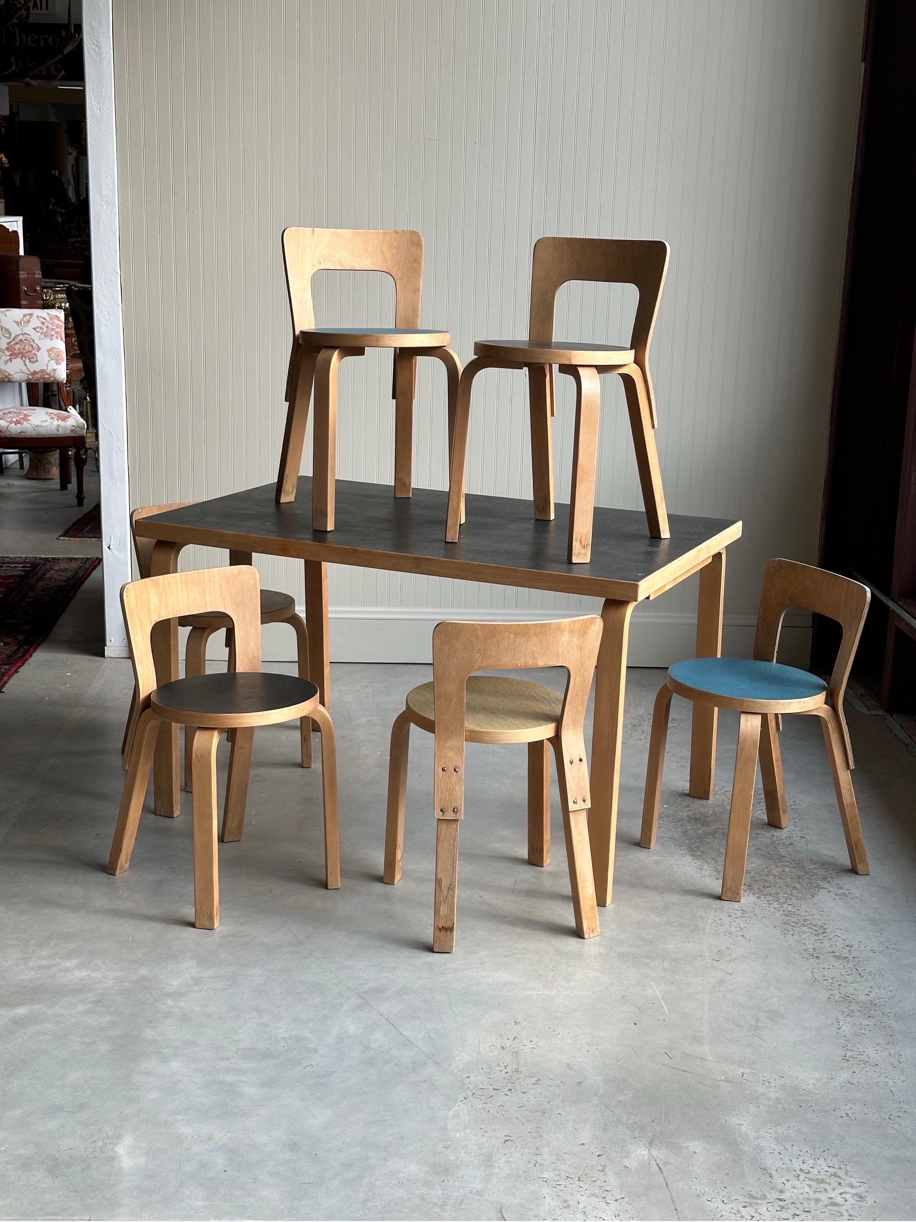 Precioso, antiguo y raro juego de comedor de Alvar Aalto. Elegante combinación de colores y pátina natural. Mesa y seis sillas. 