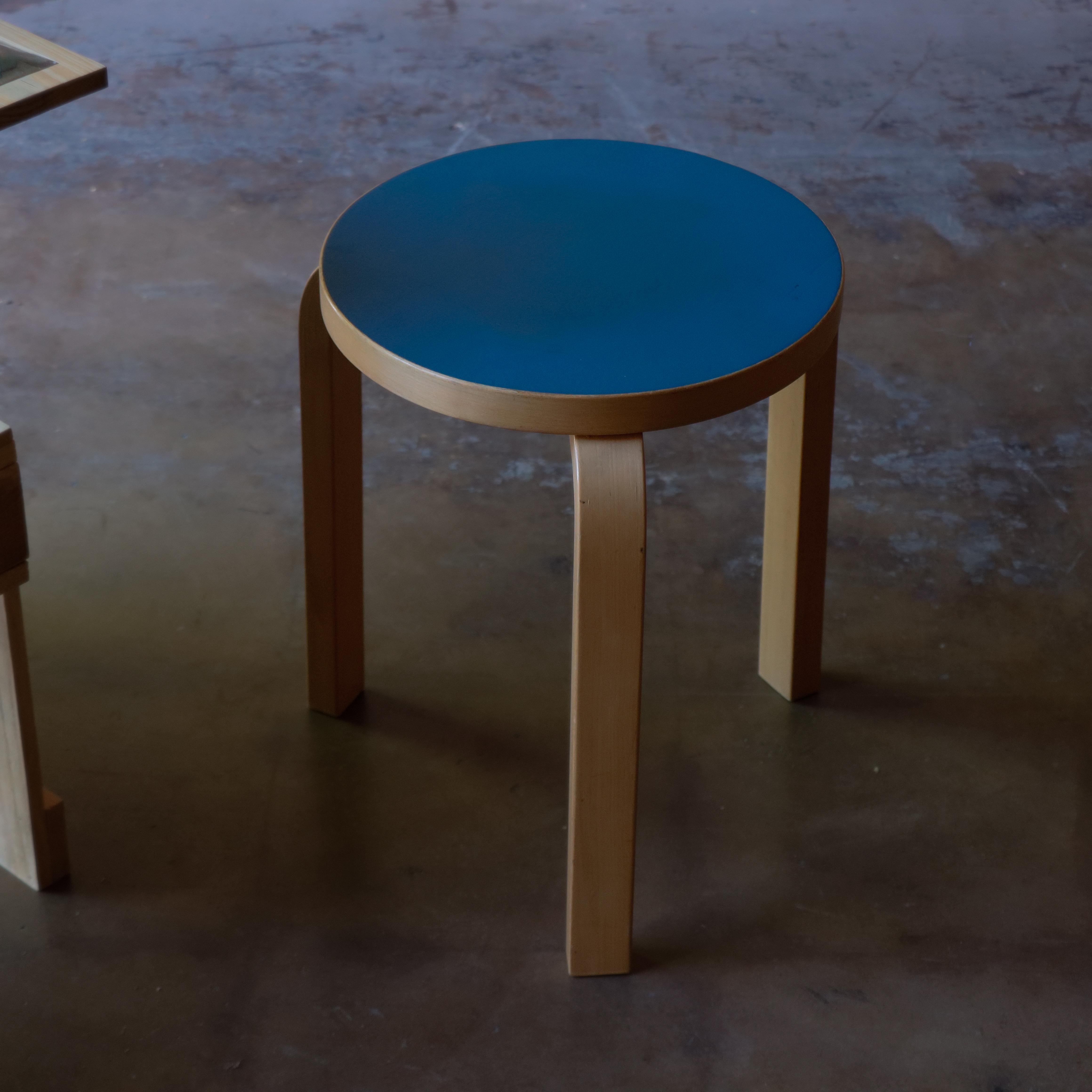 Mid-Century Modern Early Alvar Aalto Stool, 1960s Birch, Artek Finland, Blue Laminate