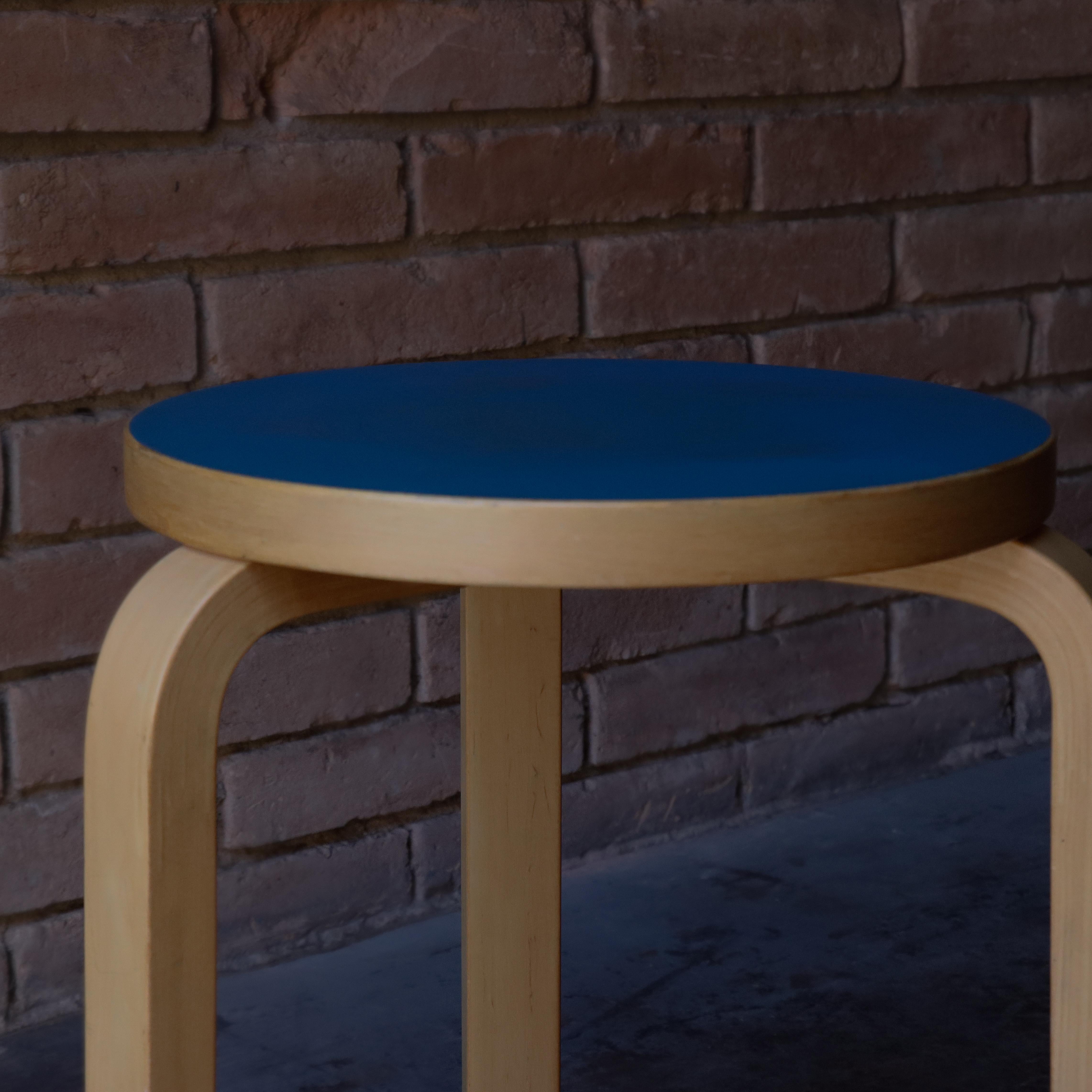 Finnish Early Alvar Aalto Stool, 1960s Birch, Artek Finland, Blue Laminate