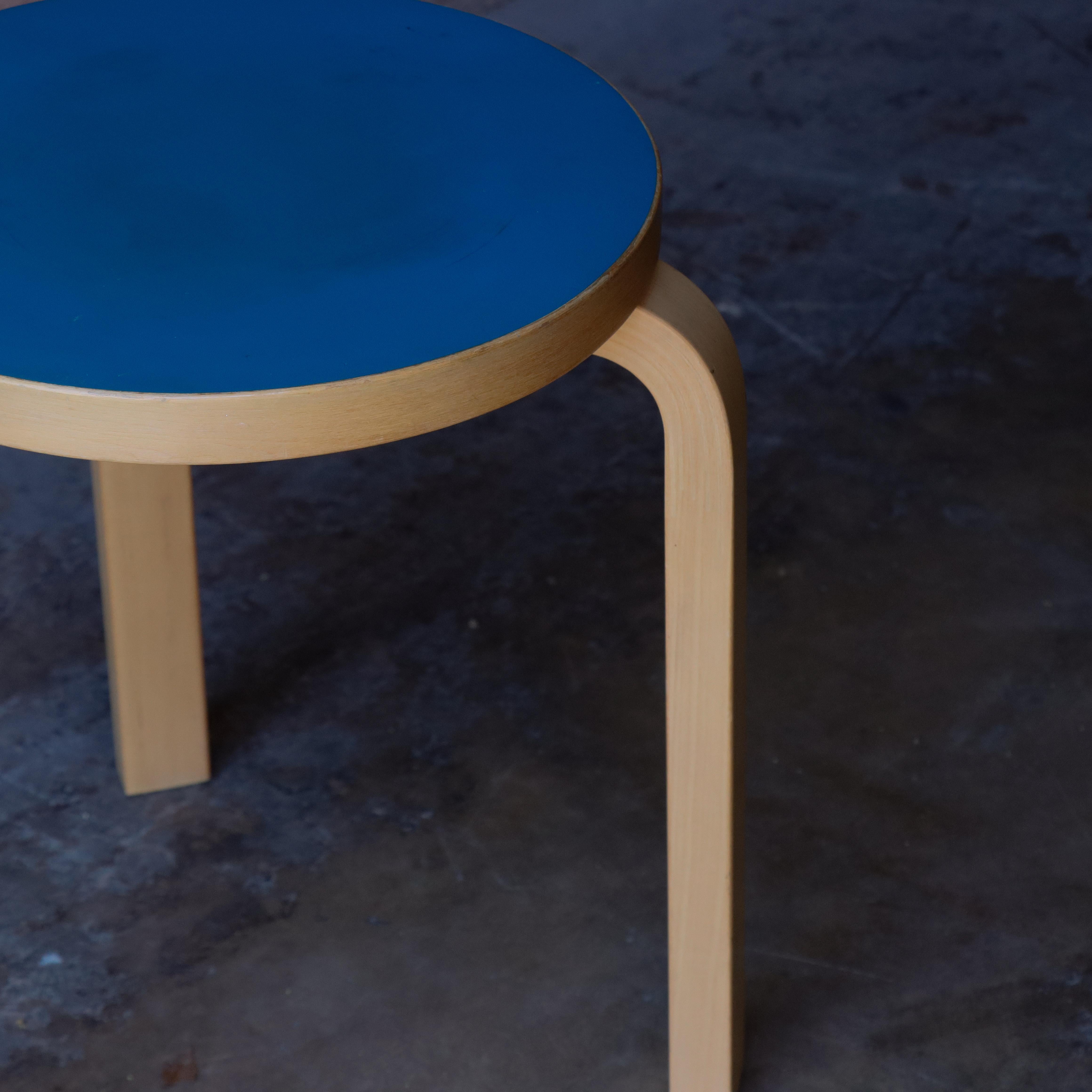Early Alvar Aalto Stool, 1960s Birch, Artek Finland, Blue Laminate In Good Condition In Round Rock, TX